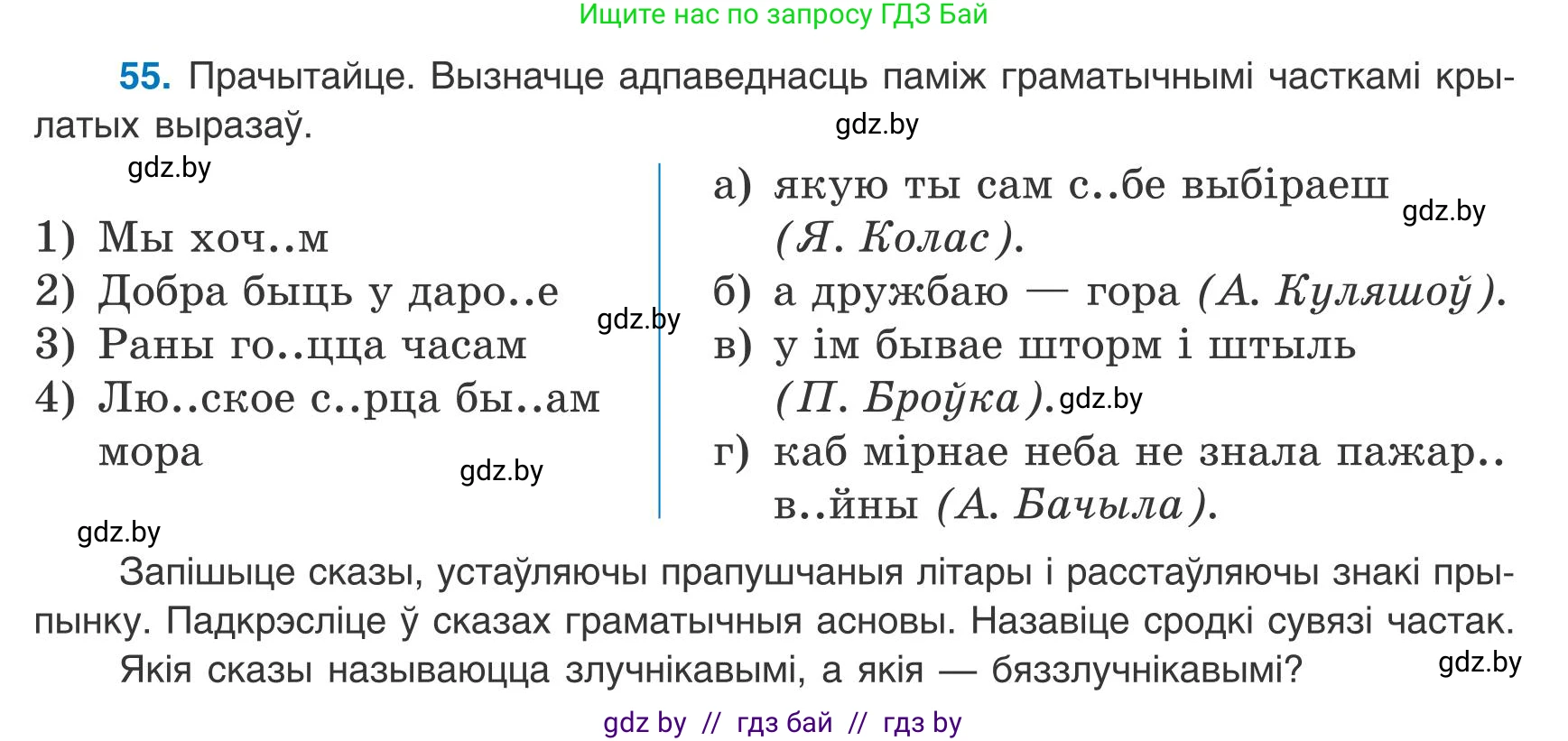 Белорусский язык (Беларуская мова), 9 класс Учебник, авторы: Валочка Ганна Міхайлаўна, Васюковіч Людміла Сяргееўна, Зелянко Вольга Уладзіміраўна, Якуба Святлана Міхайлаўна, Байкова С І, издательство Акадэмія адукацыі, Минск, 2025, сиреневого цвета, страница 45, номер 55, Условие 2025