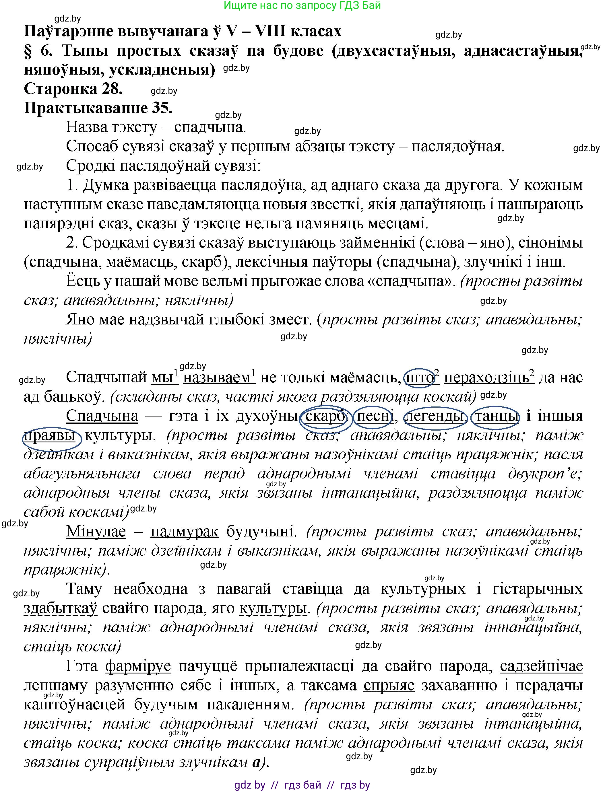 Белорусский язык (Беларуская мова), 9 класс Учебник, авторы: Валочка Ганна Міхайлаўна, Васюковіч Людміла Сяргееўна, Зелянко Вольга Уладзіміраўна, Якуба Святлана Міхайлаўна, Байкова С І, издательство Акадэмія адукацыі, Минск, 2025, сиреневого цвета, страница 28, номер 35, Решение 1