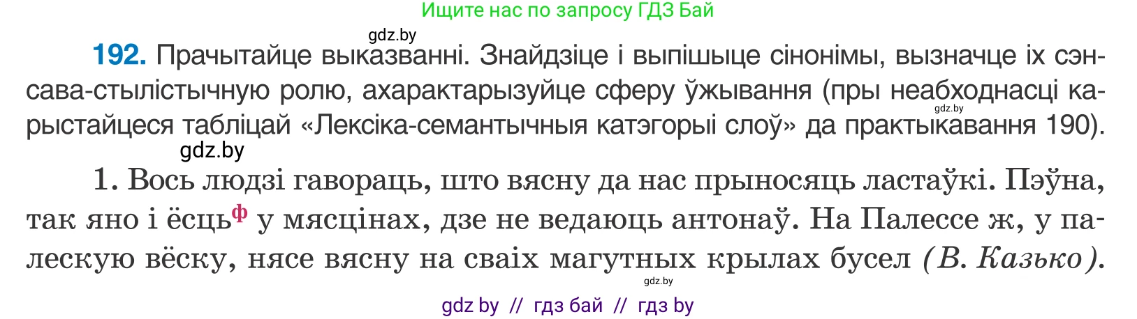 Белорусский язык (Беларуская мова), 10 класс Учебник, авторы: Валочка Ганна Міхайлаўна, Васюковіч Людміла Сяргееўна, Зелянко Вольга Уладзіміраўна, Міхнёнак С С, Якуба Святлана Міхайлаўна, издательство Нацыянальны інстытут адукацыі, Минск, 2020, страница 113, номер 192, Условие