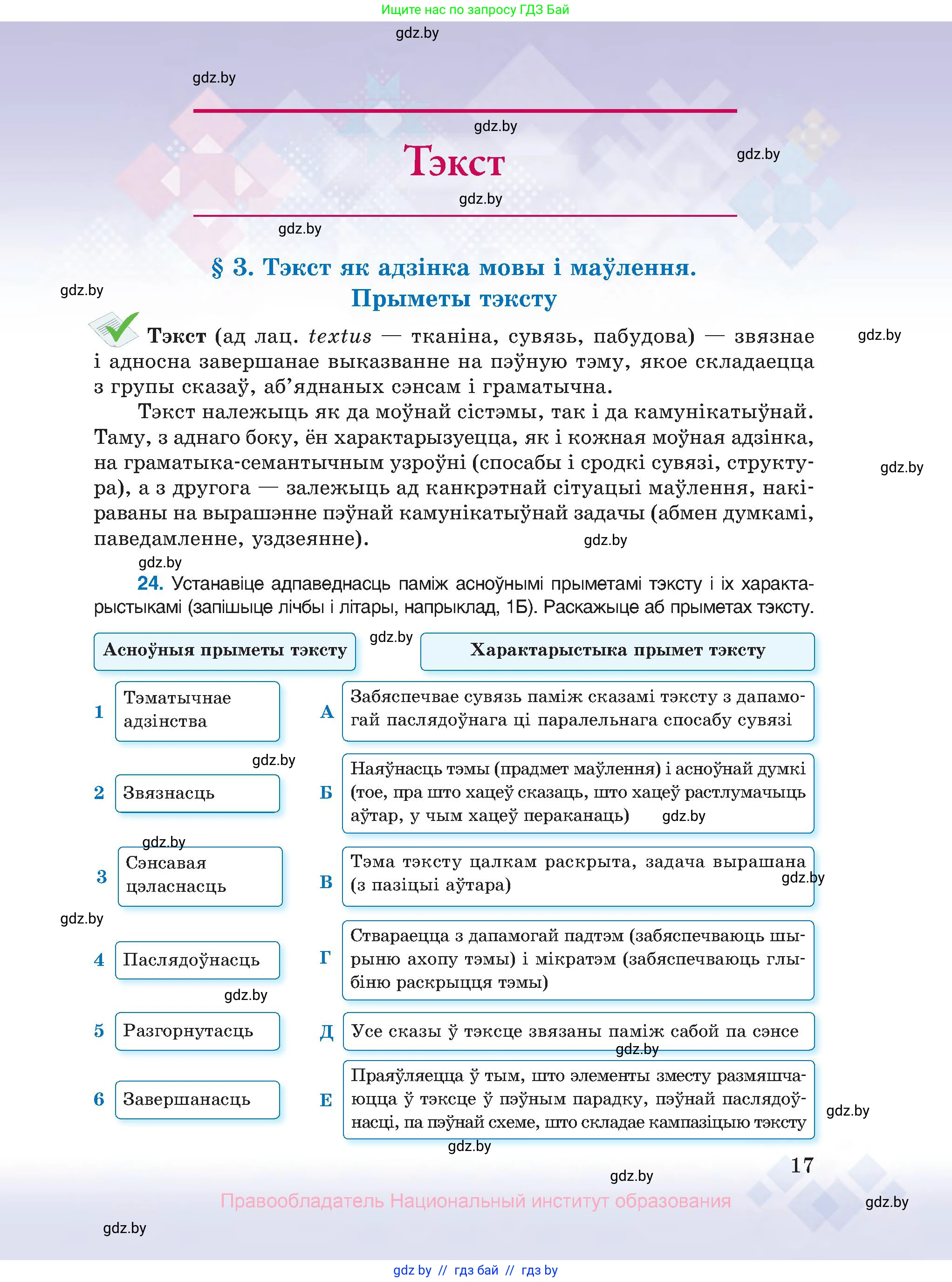 Белорусский язык (Беларуская мова), 10 класс Учебник, авторы: Валочка Ганна Міхайлаўна, Васюковіч Людміла Сяргееўна, Зелянко Вольга Уладзіміраўна, Міхнёнак С С, Якуба Святлана Міхайлаўна, издательство Нацыянальны інстытут адукацыі, Минск, 2020, страница 17
