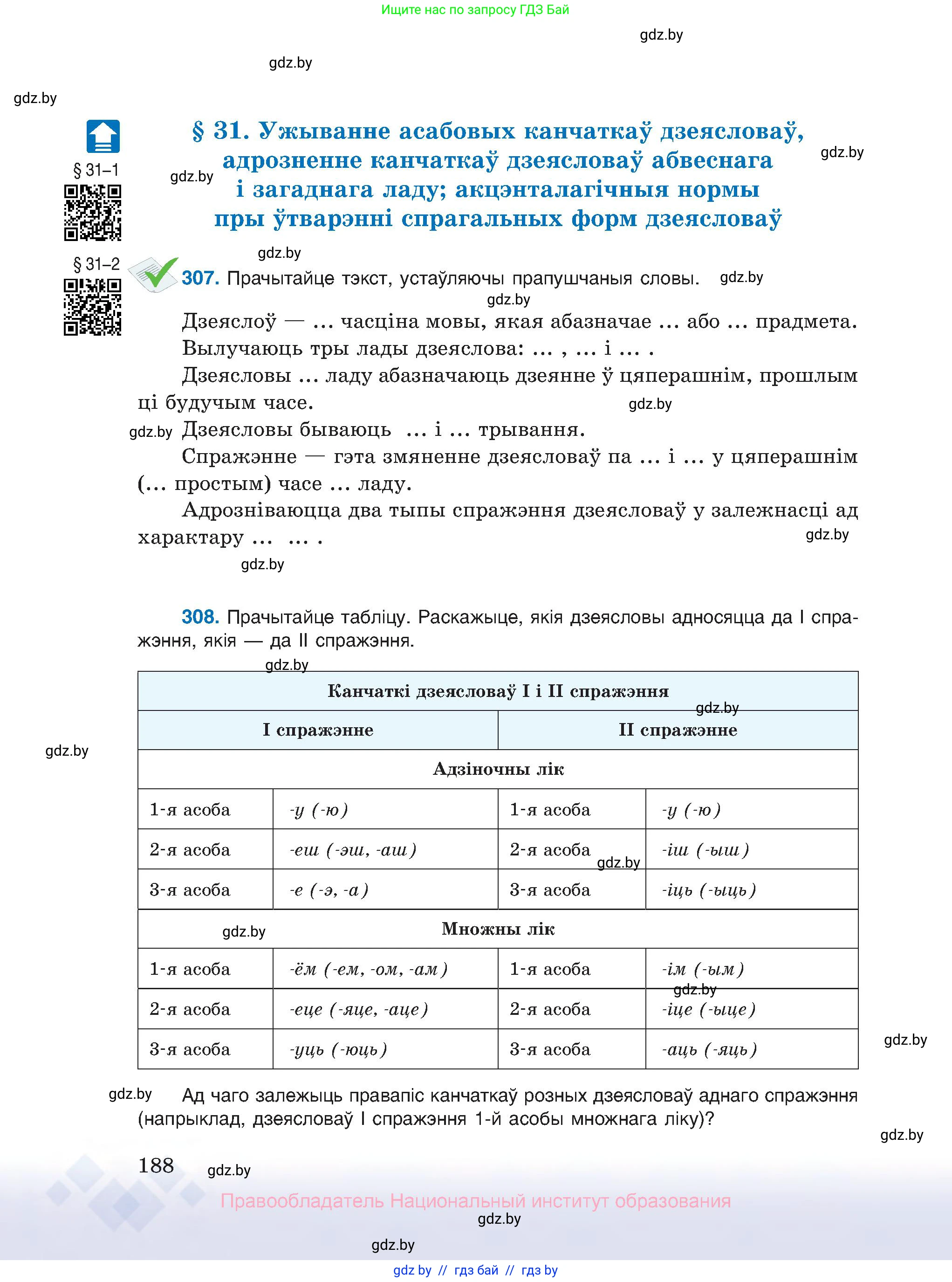 Белорусский язык (Беларуская мова), 10 класс Учебник, авторы: Валочка Ганна Міхайлаўна, Васюковіч Людміла Сяргееўна, Зелянко Вольга Уладзіміраўна, Міхнёнак С С, Якуба Святлана Міхайлаўна, издательство Нацыянальны інстытут адукацыі, Минск, 2020, страница 188