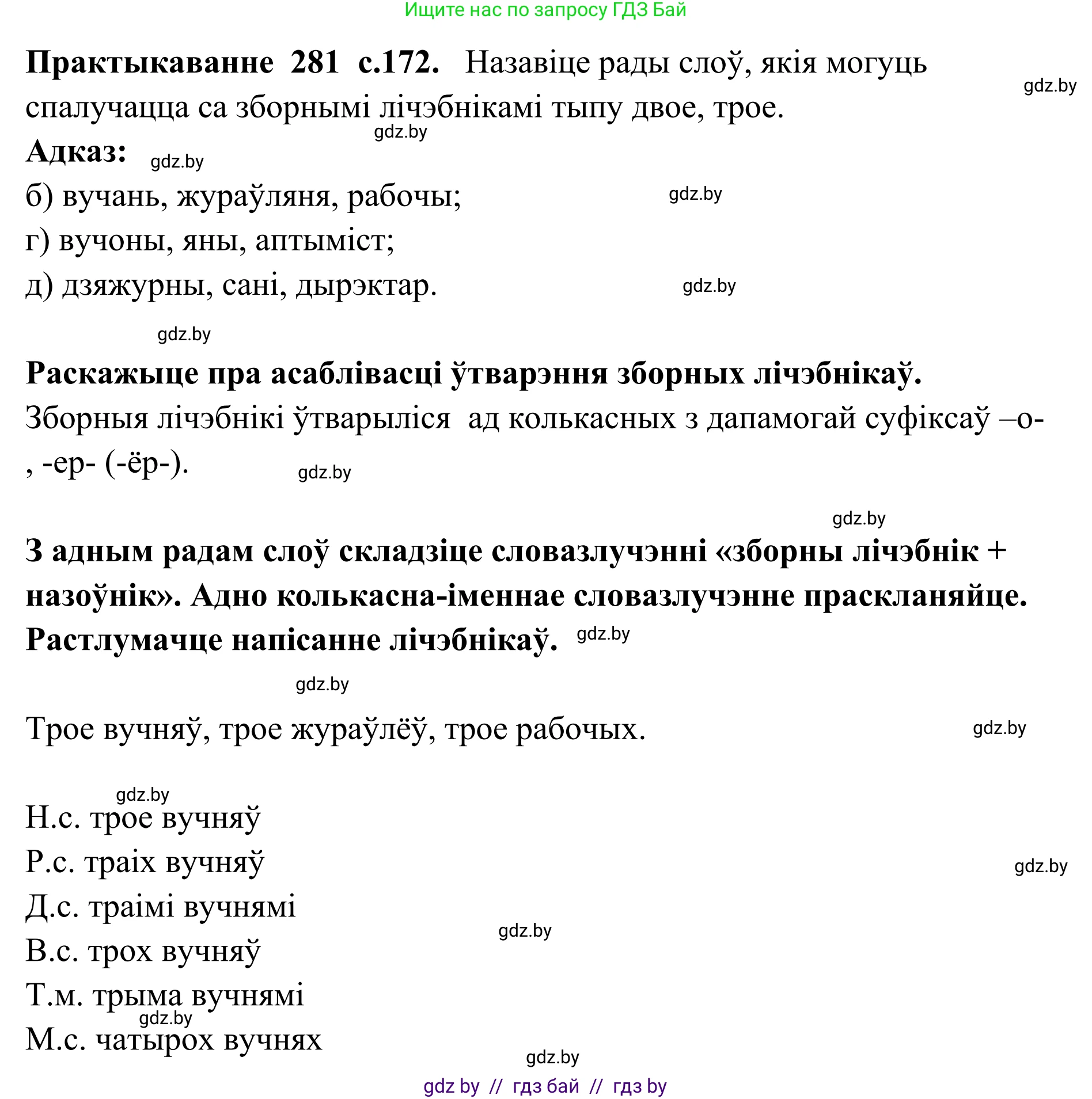 Белорусский язык (Беларуская мова), 10 класс Учебник, авторы: Валочка Ганна Міхайлаўна, Васюковіч Людміла Сяргееўна, Зелянко Вольга Уладзіміраўна, Міхнёнак С С, Якуба Святлана Міхайлаўна, издательство Нацыянальны інстытут адукацыі, Минск, 2020, страница 172, номер 281, Решение 1