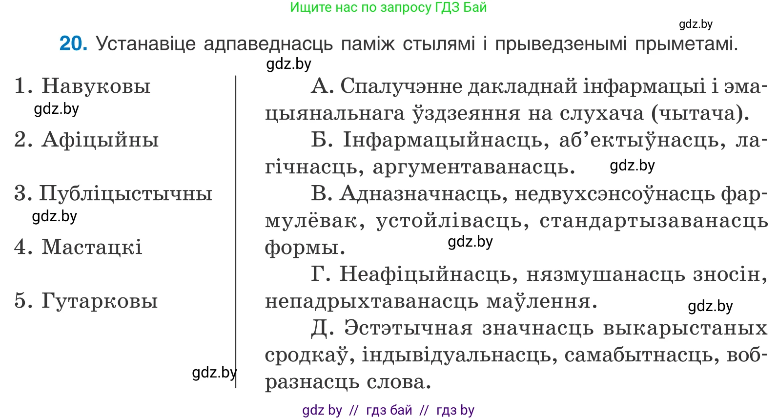 Белорусский язык (Беларуская мова), 11 класс Учебник, авторы: Валочка Ганна Міхайлаўна, Васюковіч Людміла Сяргееўна, Зелянко Вольга Уладзіміраўна, Міхнёнак С С, Якуба Святлана Міхайлаўна, издательство Нацыянальны інстытут адукацыі, Минск, 2021, страница 16, номер 20, Условие