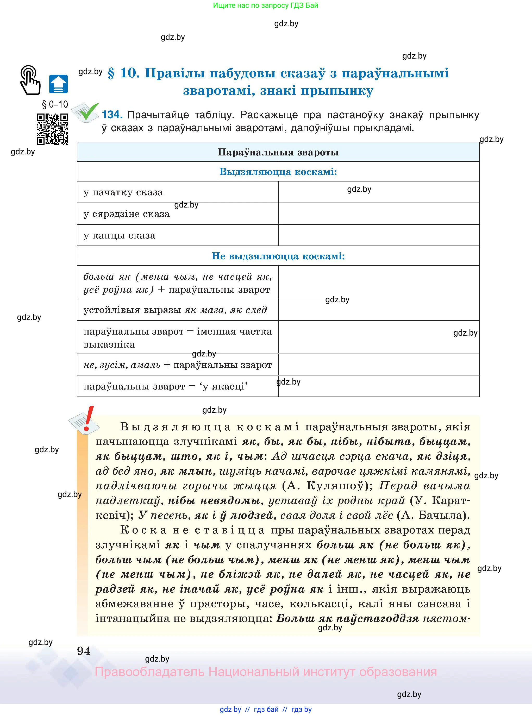 Белорусский язык (Беларуская мова), 11 класс Учебник, авторы: Валочка Ганна Міхайлаўна, Васюковіч Людміла Сяргееўна, Зелянко Вольга Уладзіміраўна, Міхнёнак С С, Якуба Святлана Міхайлаўна, издательство Нацыянальны інстытут адукацыі, Минск, 2021, страница 94
