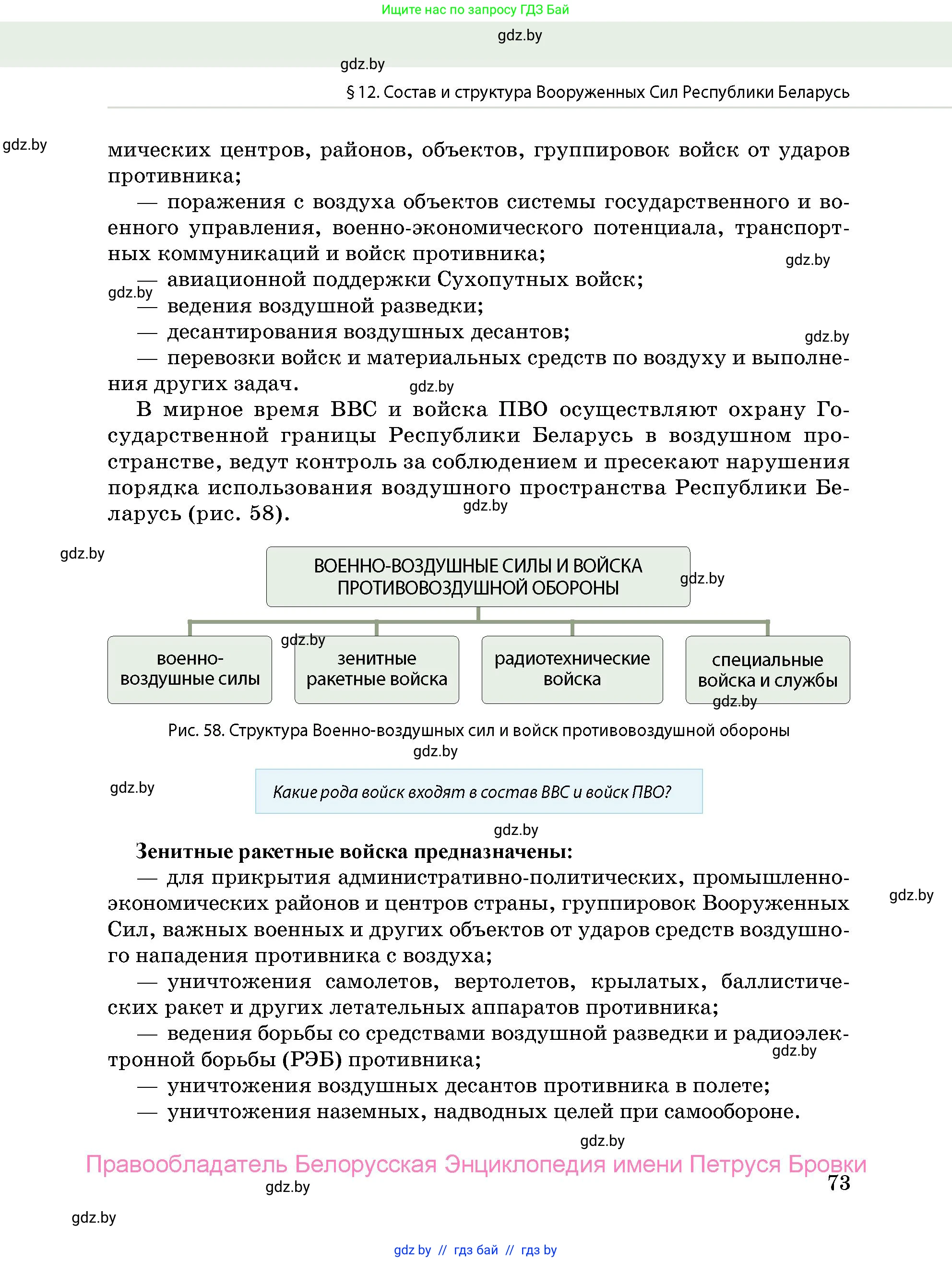 допризывная подготовка, 10-11 класс Учебник, авторы: Драгунов Вадим Валерьевич, Богдан Василий Генрихович, Городниченко Александр Николаевич, Дроговоз И Г, Кирпичев С Н, Мирончук С П, Павлющик А А, Ржеутский Л Я, Савчанчик С А, Стринкевич А Л, Хатешев Н С, Шелудков И Г, Шуканов С В, издательство Белорусская Энциклопедия имени Петруся Бровки, Минск, 2019, страница 73