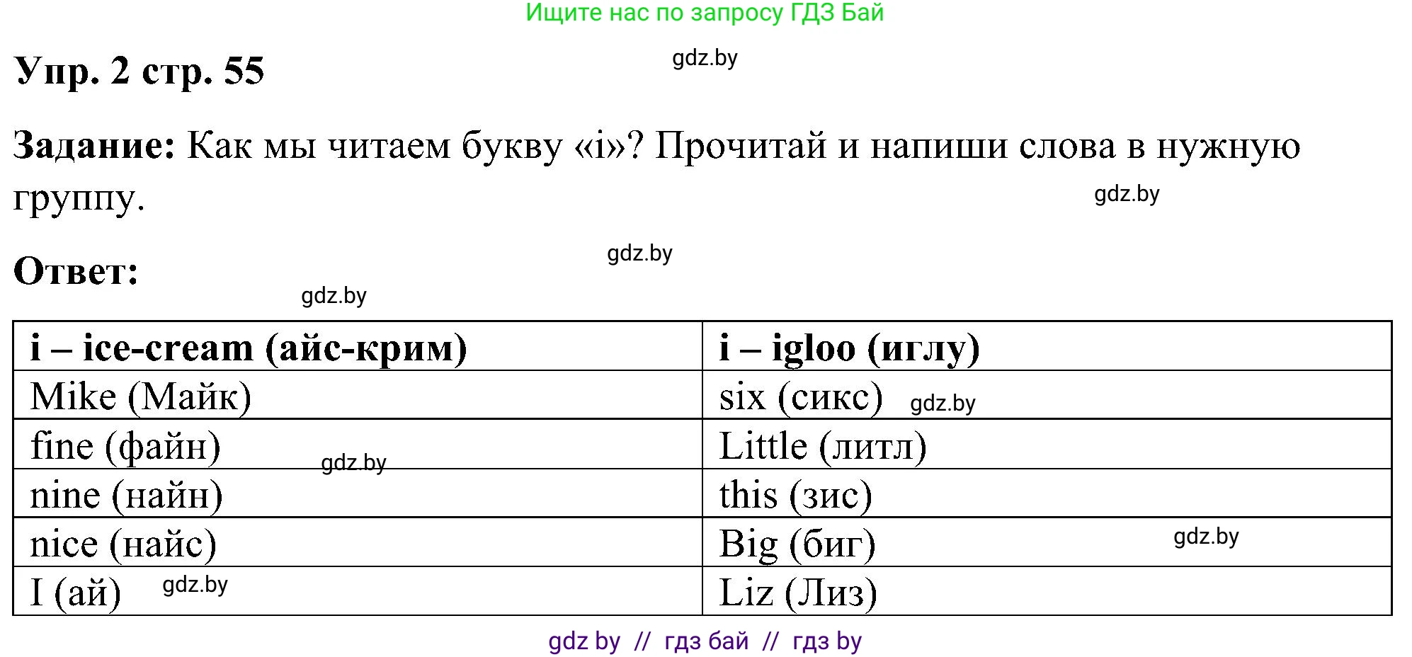 Английский язык (english), 3 класс практикум (activity book ), авторы: Лапицкая Людмила Михайловна (Lapitskaya Ludmila), Калишевич Алла Ивановна, Севрюкова Татьяна Юрьевна, Седунова Наталья Михайловна (Sedunova Natalia), издательство Аверсэв, Минск, 2023, зелёного цвета, Часть 1, страница 55, номер 2, Решение