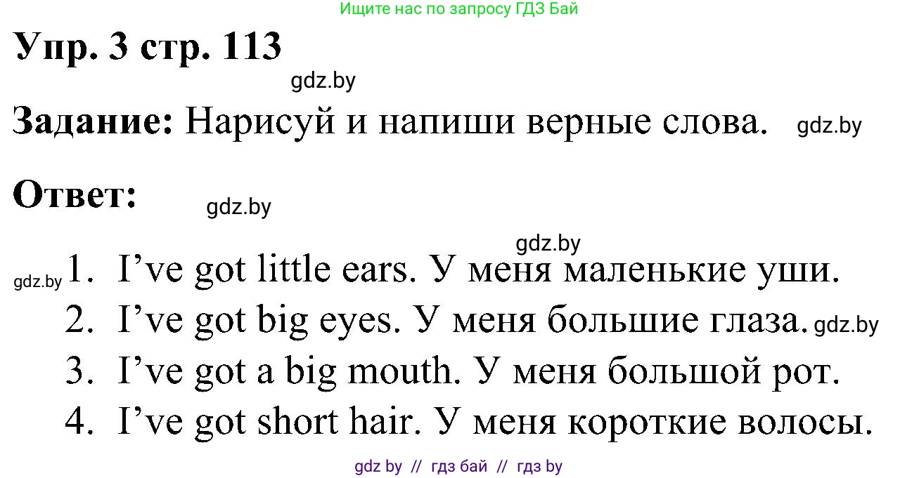 Английский язык (english), 3 класс практикум (activity book ), авторы: Лапицкая Людмила Михайловна (Lapitskaya Ludmila), Калишевич Алла Ивановна, Севрюкова Татьяна Юрьевна, Седунова Наталья Михайловна (Sedunova Natalia), издательство Аверсэв, Минск, 2023, зелёного цвета, Часть 2, страница 113, номер 3, Решение