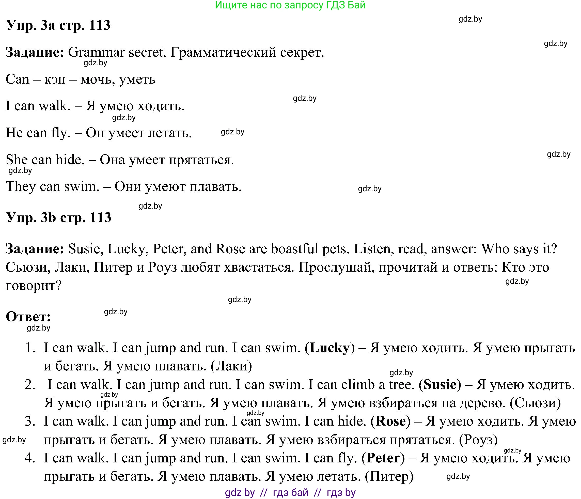Английский язык (english), 3 класс Учебник, авторы: Лапицкая Людмила Михайловна (Lapitskaya Ludmila), Калишевич Алла Ивановна, Севрюкова Татьяна Юрьевна, Седунова Наталья Михайловна (Sedunova Natalia), издательство Вышэйшая школа, Минск, 2023, Часть 1, страница 113, номер 3, Решение