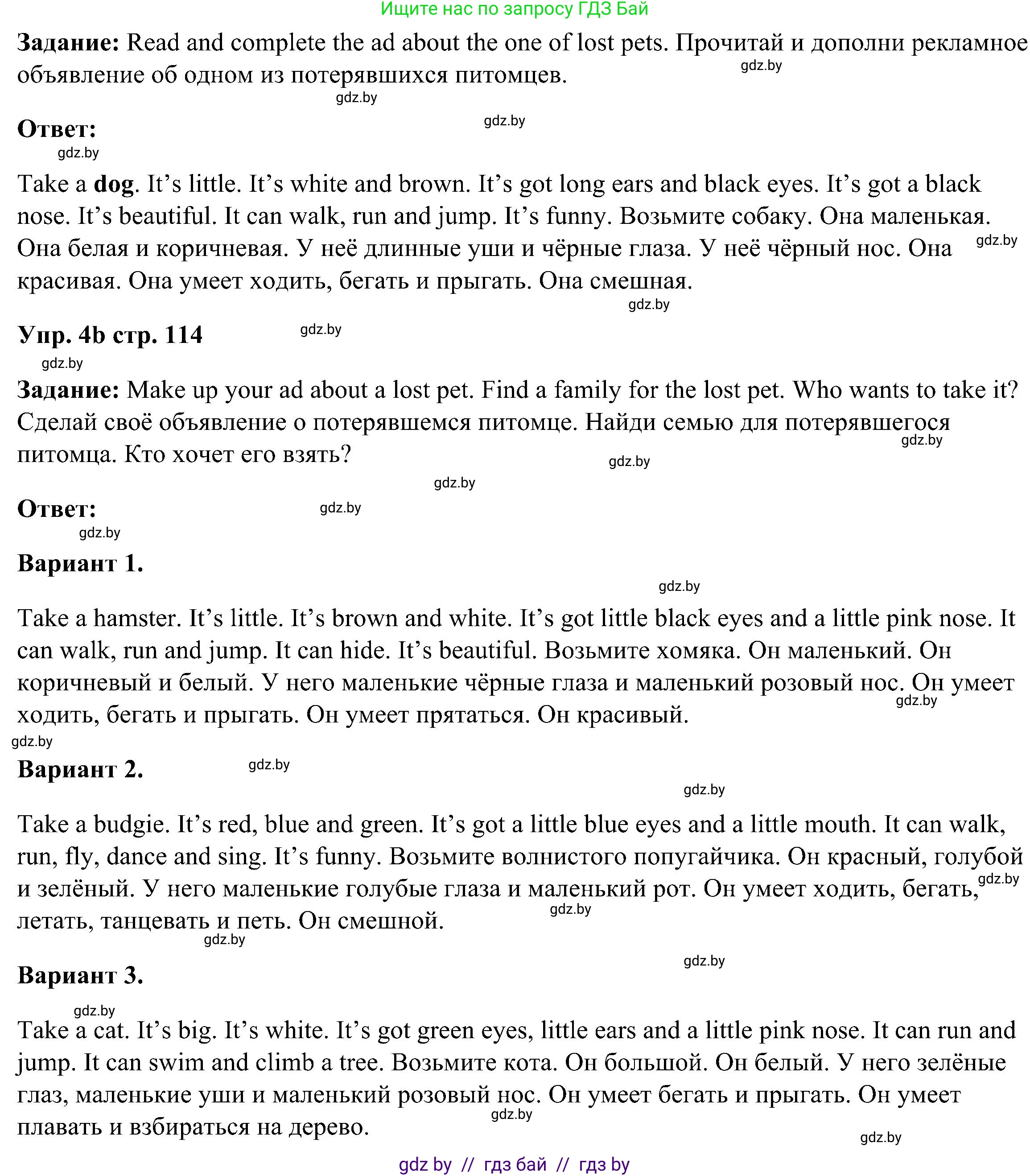 Английский язык (english), 3 класс Учебник, авторы: Лапицкая Людмила Михайловна (Lapitskaya Ludmila), Калишевич Алла Ивановна, Севрюкова Татьяна Юрьевна, Седунова Наталья Михайловна (Sedunova Natalia), издательство Вышэйшая школа, Минск, 2023, Часть 1, страница 114, номер 4, Решение