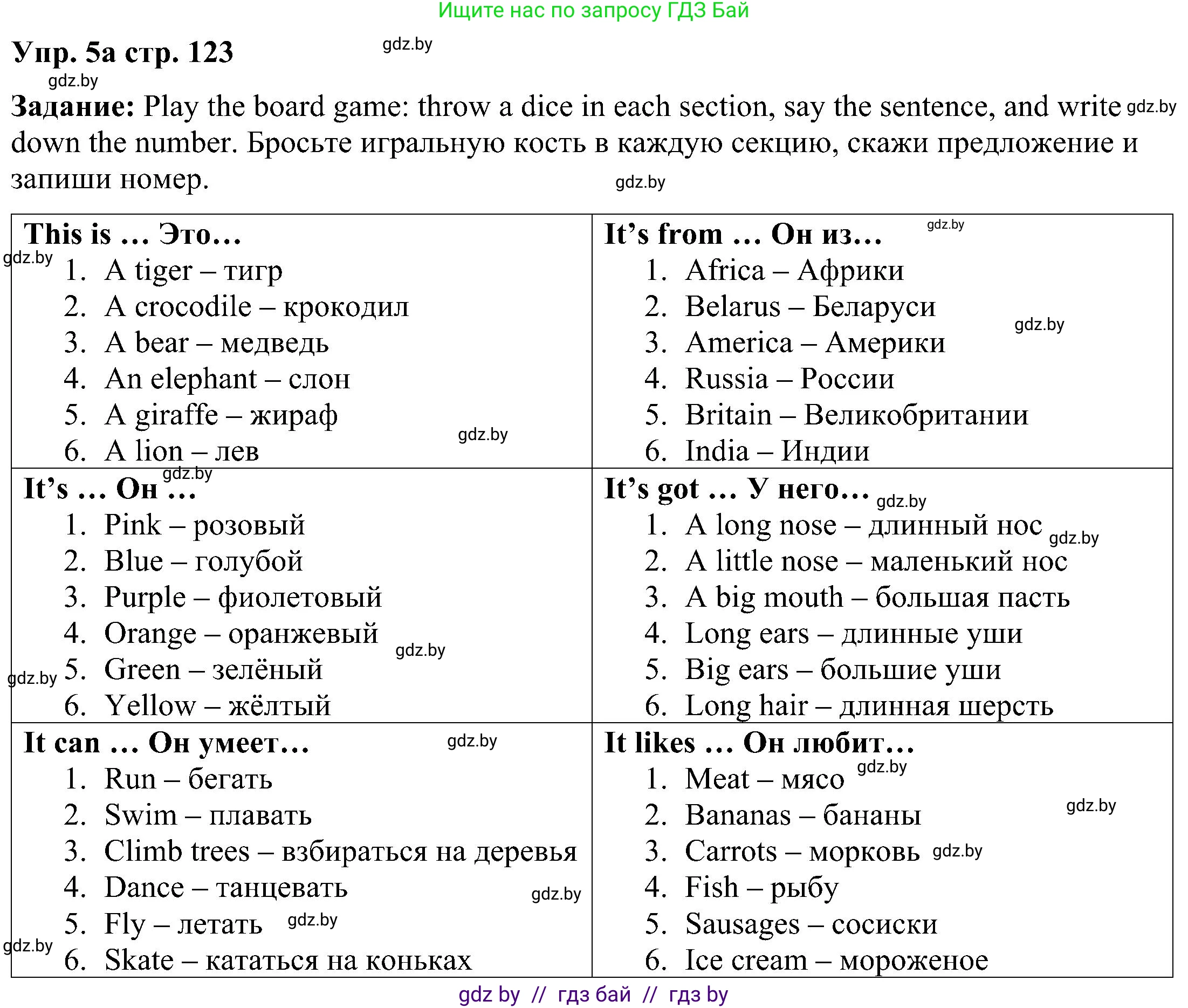 Английский язык (english), 3 класс Учебник, авторы: Лапицкая Людмила Михайловна (Lapitskaya Ludmila), Калишевич Алла Ивановна, Севрюкова Татьяна Юрьевна, Седунова Наталья Михайловна (Sedunova Natalia), издательство Вышэйшая школа, Минск, 2023, Часть 2, страница 123, номер 5, Решение
