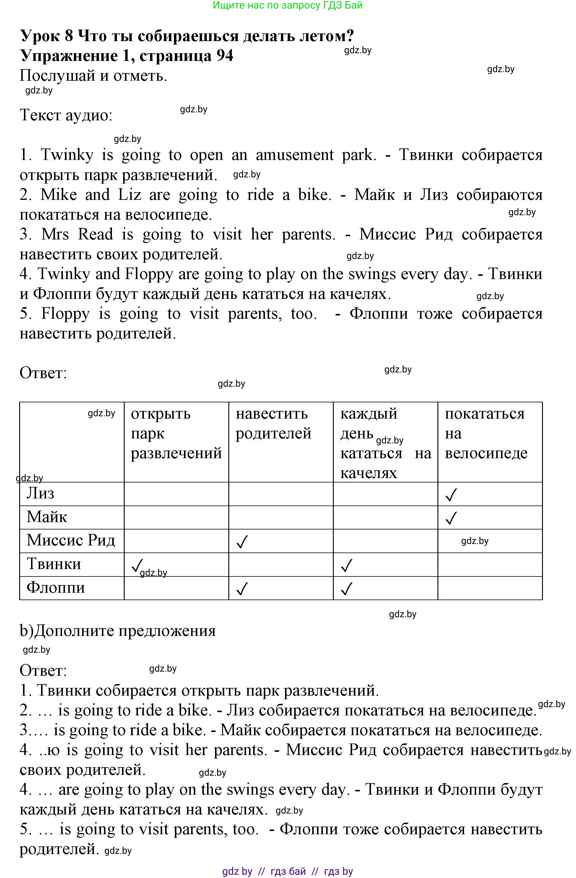 Английский язык (english), 4 класс практикум (activity book ), авторы: Лапицкая Людмила Михайловна (Lapitskaya Ludmila), Седунова Наталья Михайловна (Sedunova Natalia), издательство Аверсэв, Минск, 2025, Часть 2, страница 94, номер 1, Решение