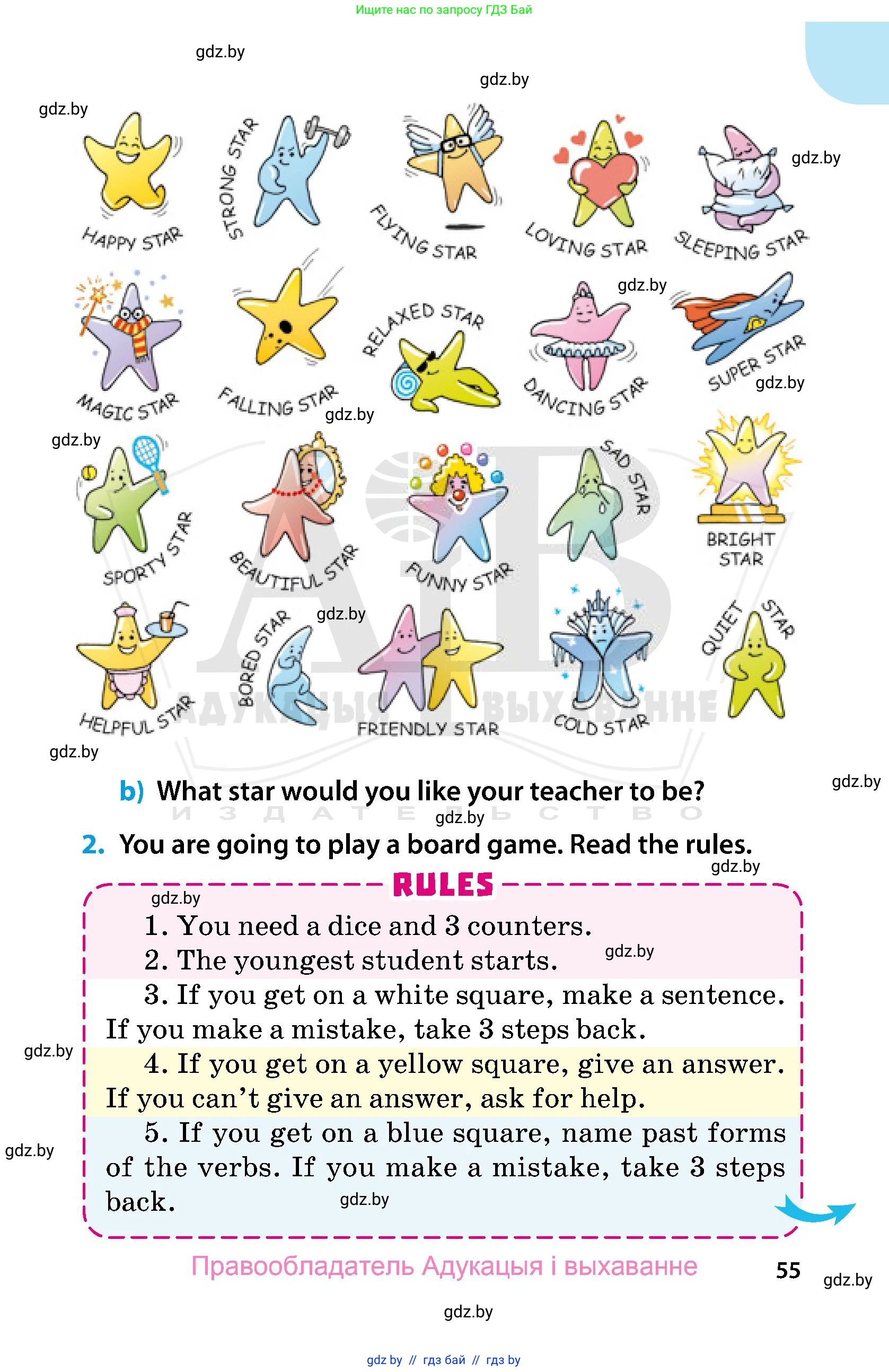 Английский язык (english), 5 класс Учебник, авторы: Демченко Наталья Валентиновна, Севрюкова Татьяна Юрьевна, Наумова Елена Георгиевна, Юхнель Наталья Валентиновна, Лапицкая Людмила Михайловна (Lapitskaya Ludmila), издательство Адукацыя i выхаванне, Минск, 2017, Часть ( Part) 1, страница 55