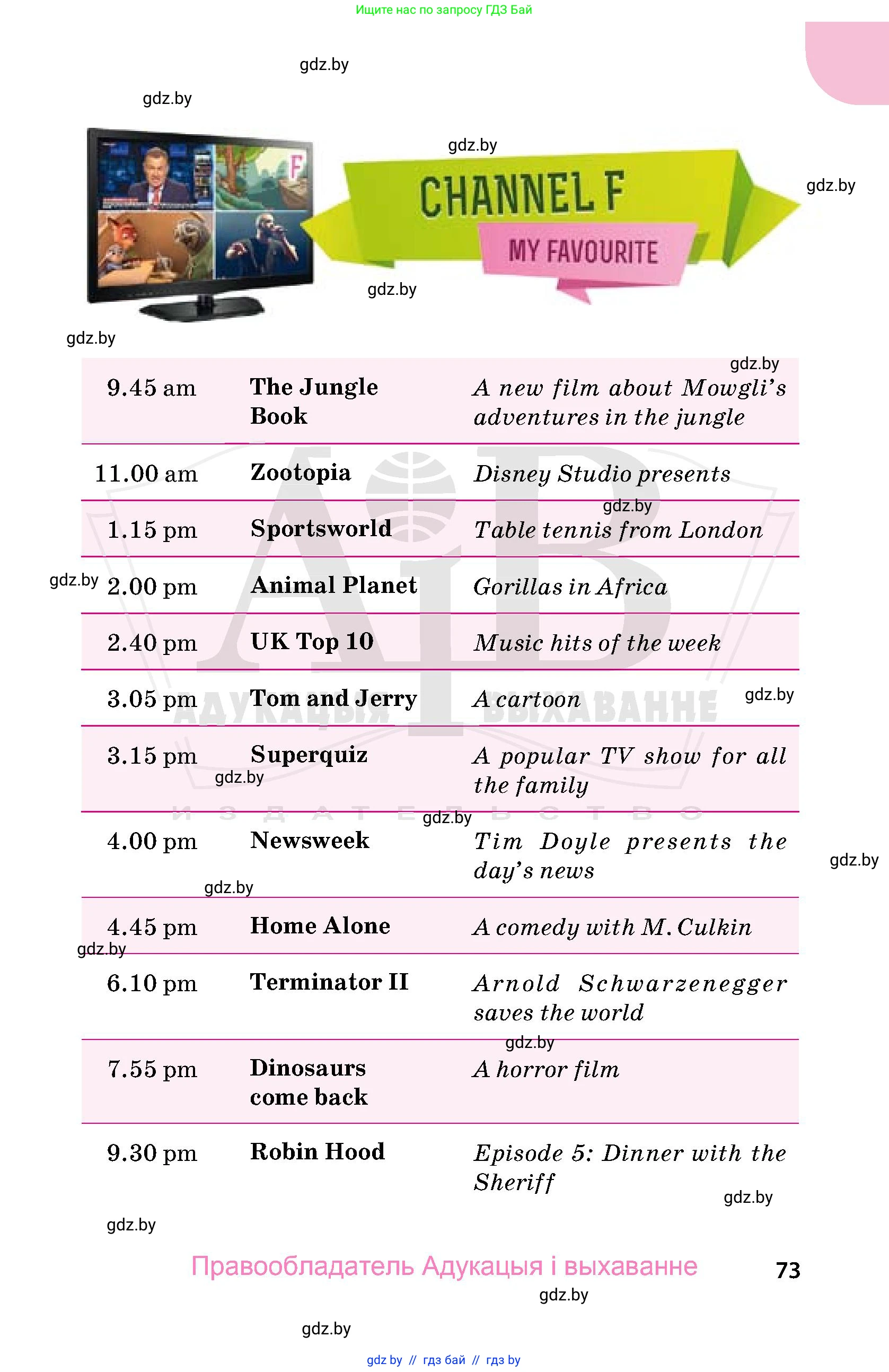 Английский язык (english), 5 класс Учебник, авторы: Демченко Наталья Валентиновна, Севрюкова Татьяна Юрьевна, Наумова Елена Георгиевна, Юхнель Наталья Валентиновна, Лапицкая Людмила Михайловна (Lapitskaya Ludmila), издательство Адукацыя i выхаванне, Минск, 2017, страница 73