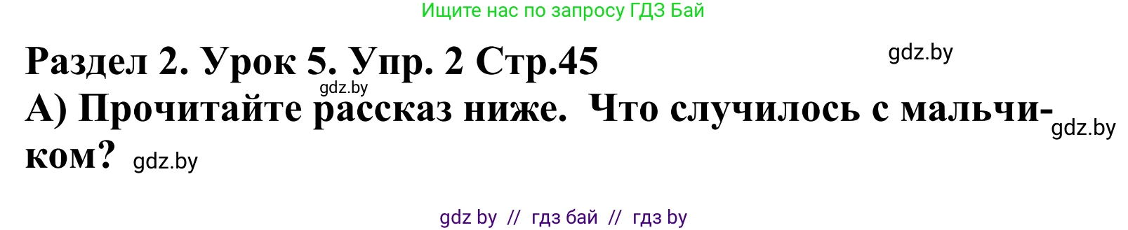 Английский язык (english), 5 класс Учебник, авторы: Демченко Наталья Валентиновна, Севрюкова Татьяна Юрьевна, Наумова Елена Георгиевна, Юхнель Наталья Валентиновна, Лапицкая Людмила Михайловна (Lapitskaya Ludmila), издательство Адукацыя i выхаванне, Минск, 2017, Часть ( Part) 1, страница 45, номер 2, Решение 2