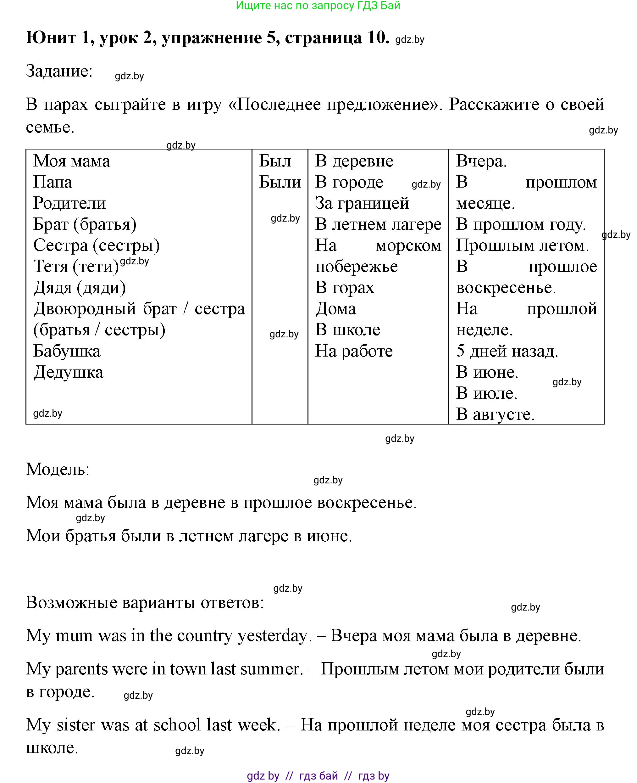 Английский язык (english), 5 класс Учебник (Student's book), авторы: Лапицкая Людмила Михайловна (Lapitskaya Ludmila), Калишевич Алла Ивановна, Севрюкова Татьяна Юрьевна, Седунова Наталья Михайловна (Sedunova Natalia), издательство Вышэйшая школа, Минск, 2020, Часть 1, страница 10, номер 5, Решение 1