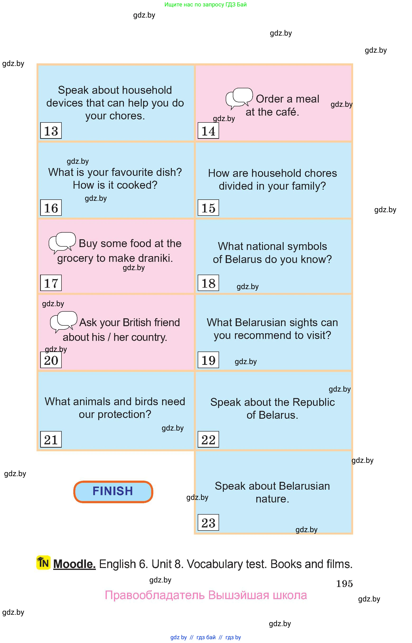 Английский язык (english), 6 класс Учебник, авторы: Демченко Наталья Валентиновна, Севрюкова Татьяна Юрьевна, Юхнель Наталья Валентиновна, Наумова Елена Георгиевна, Рыбалко О Н, Манешина А В, Маслёнченко Н А, издательство Вышэйшая школа, Минск, 2018, красного цвета, страница 195