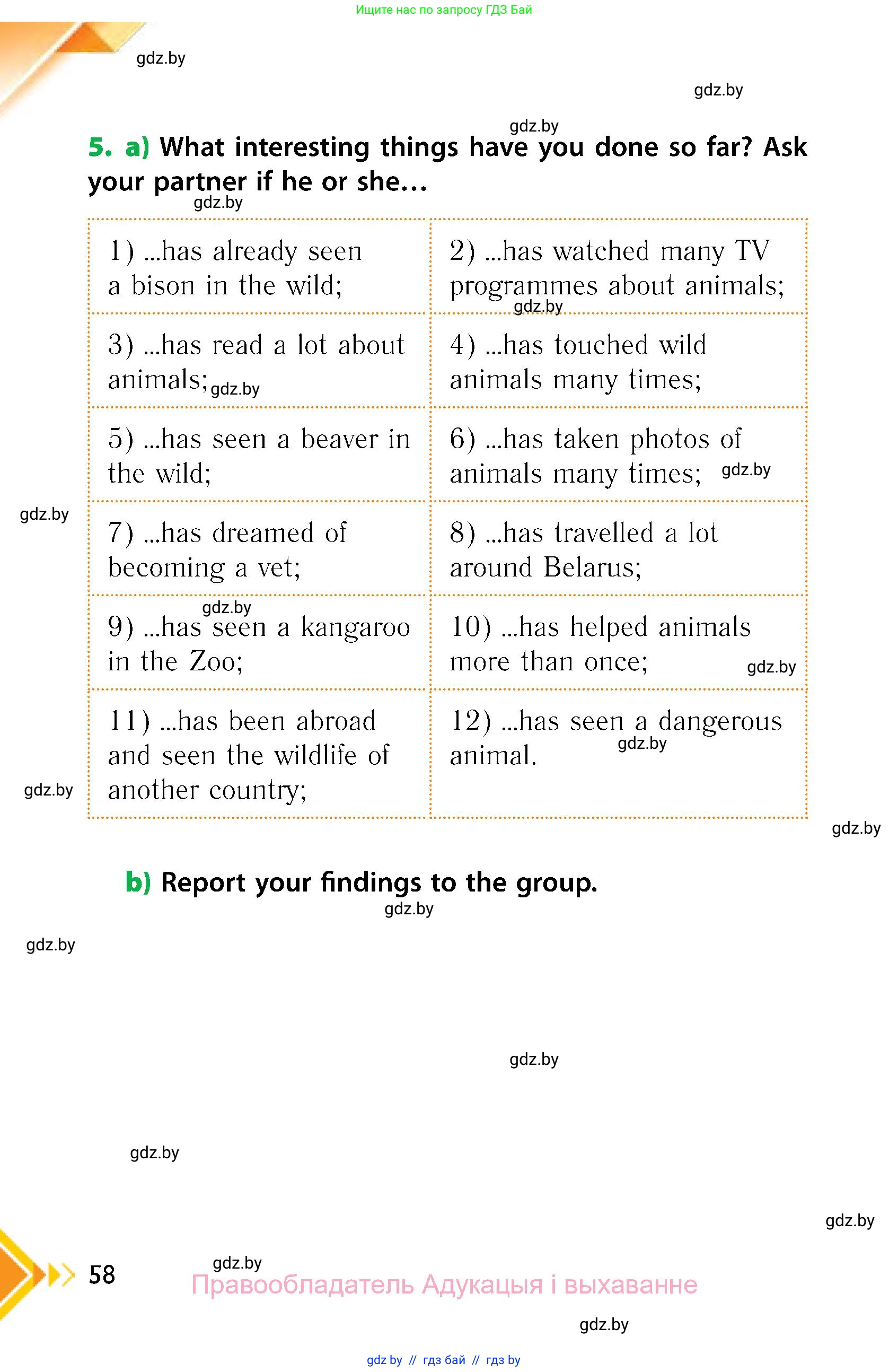 Английский язык (english), 6 класс Учебник, авторы: Юхнель Наталья Валентиновна, Наумова Елена Георгиевна, Малиновская Елена Александровна, издательство Адукацыя i выхаванне, Минск, 2021, страница 58