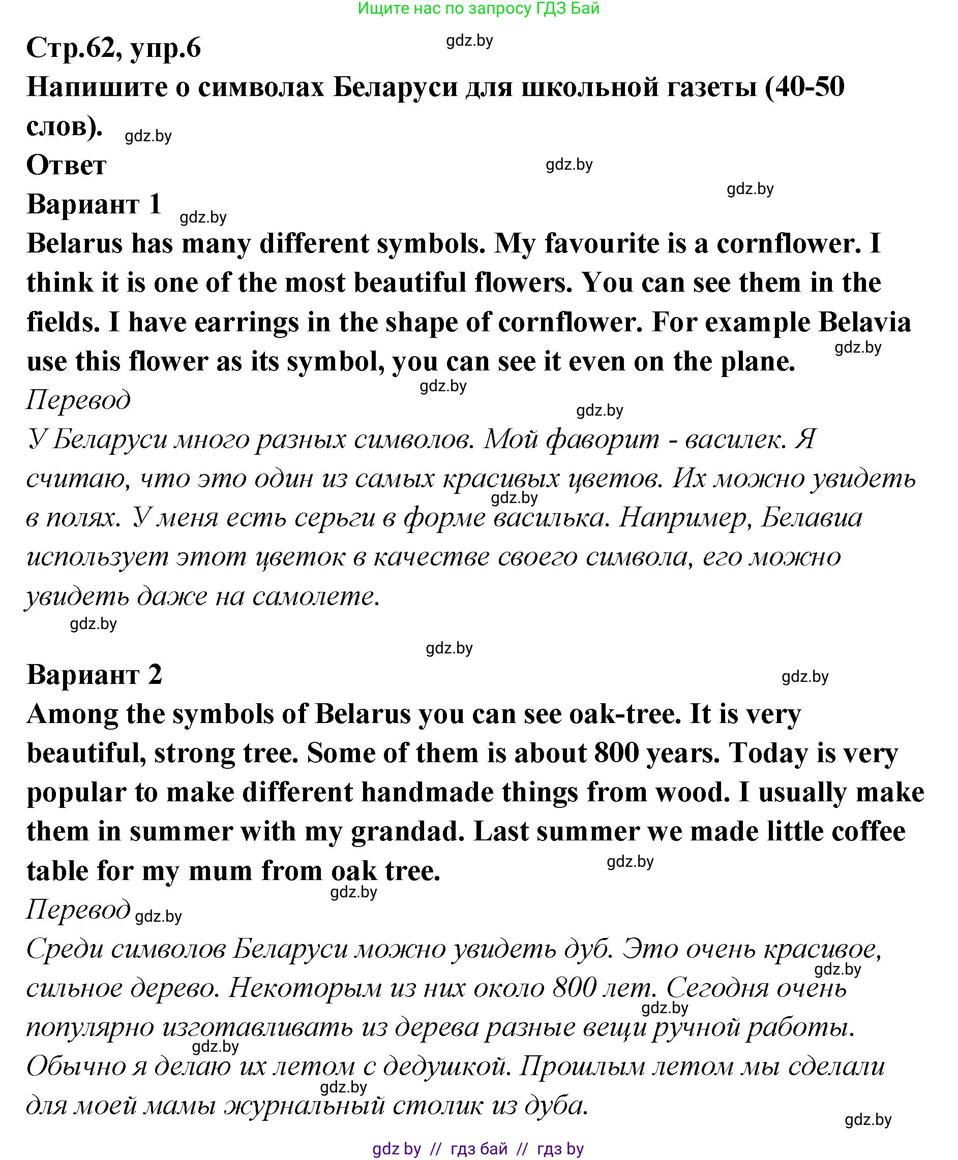 Английский язык (english), 6 класс Учебник, авторы: Юхнель Наталья Валентиновна, Наумова Елена Георгиевна, Малиновская Елена Александровна, издательство Адукацыя i выхаванне, Минск, 2021, страница 62, номер 6, Решение