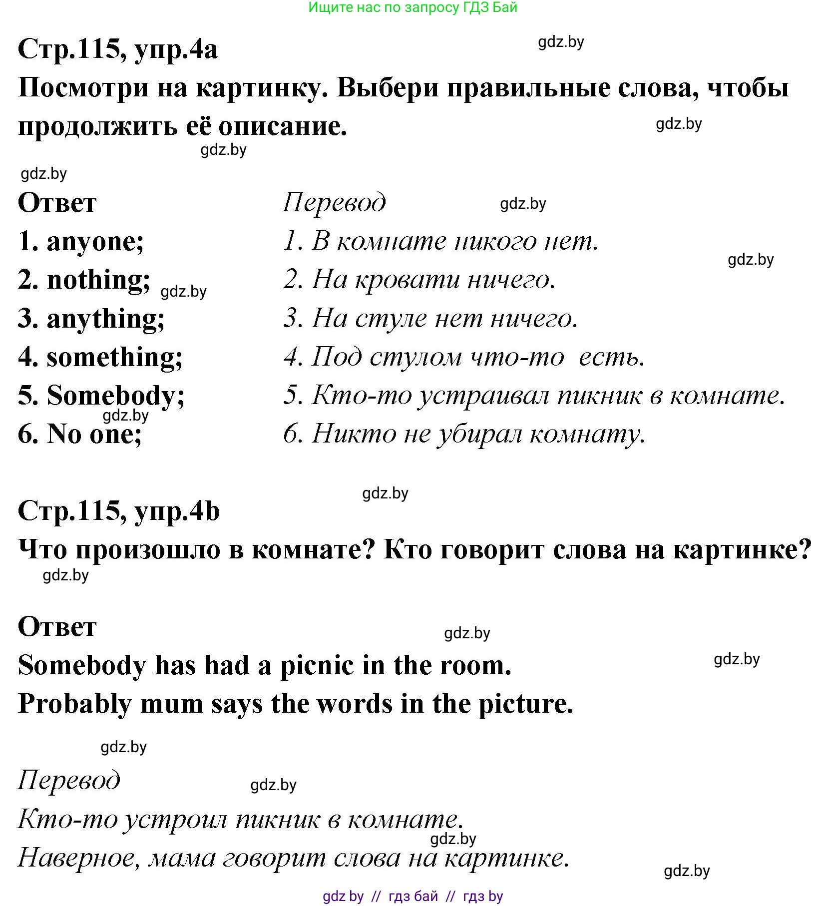 Английский язык (english), 6 класс Учебник, авторы: Юхнель Наталья Валентиновна, Наумова Елена Георгиевна, Малиновская Елена Александровна, издательство Адукацыя i выхаванне, Минск, 2021, страница 115, номер 4, Решение