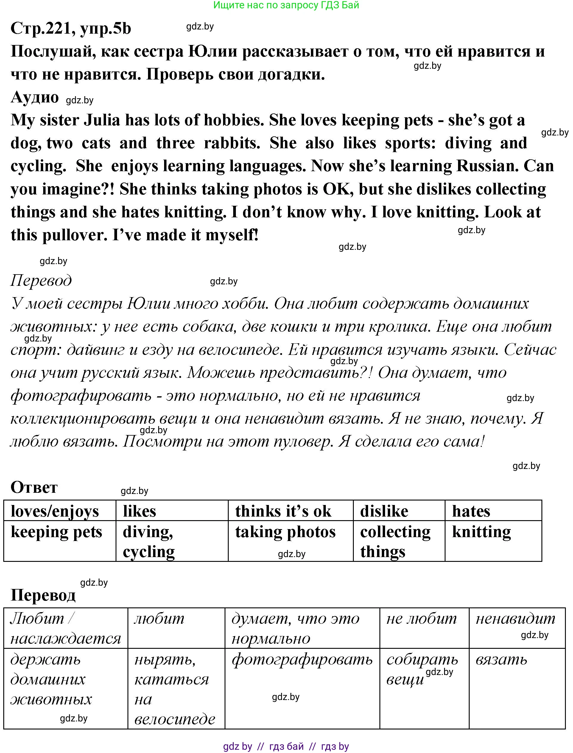 Английский язык (english), 6 класс Учебник, авторы: Юхнель Наталья Валентиновна, Наумова Елена Георгиевна, Малиновская Елена Александровна, издательство Адукацыя i выхаванне, Минск, 2021, страница 221, номер 5, Решение (продолжение 2)