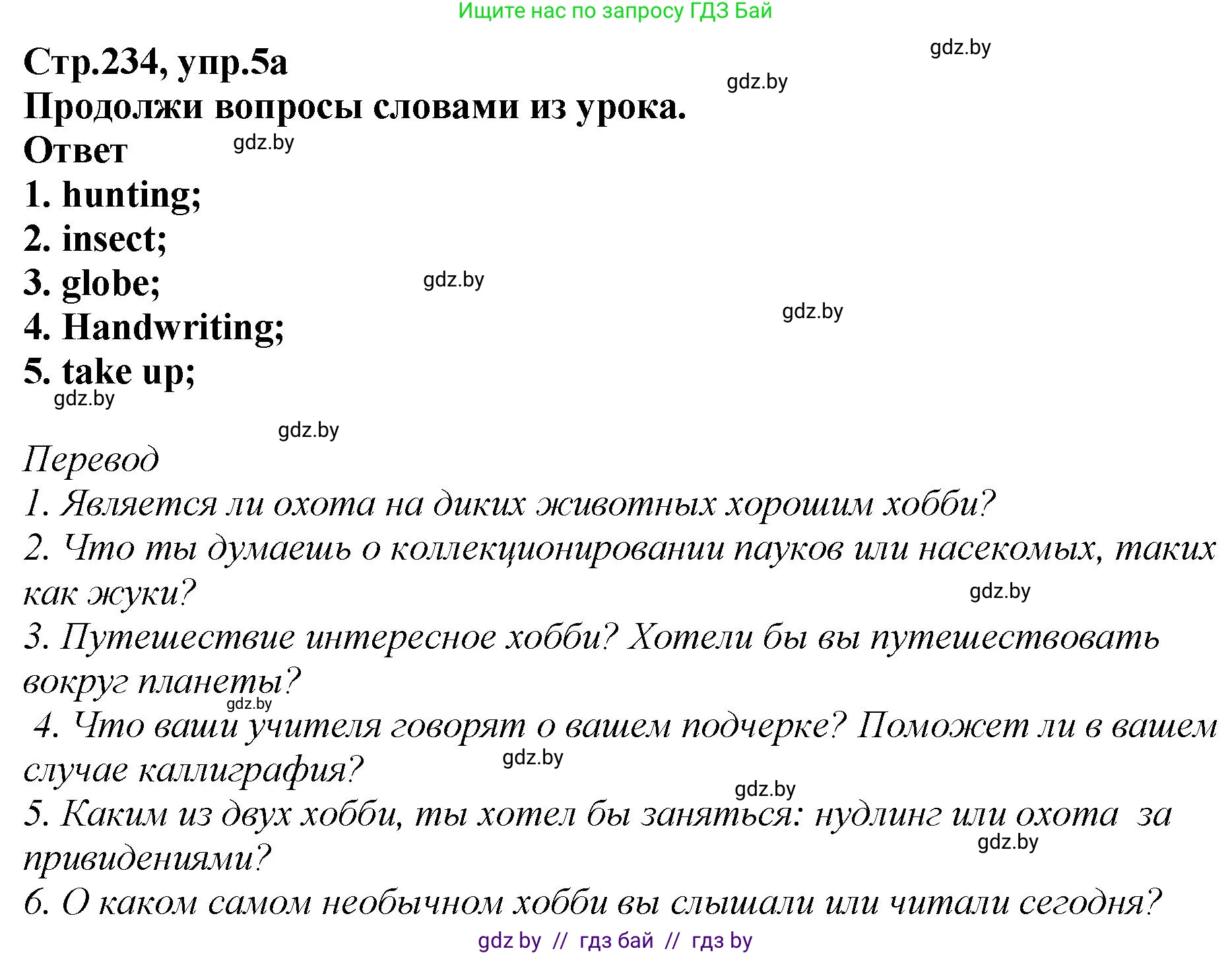 Английский язык (english), 6 класс Учебник, авторы: Юхнель Наталья Валентиновна, Наумова Елена Георгиевна, Малиновская Елена Александровна, издательство Адукацыя i выхаванне, Минск, 2021, страница 234, номер 5, Решение