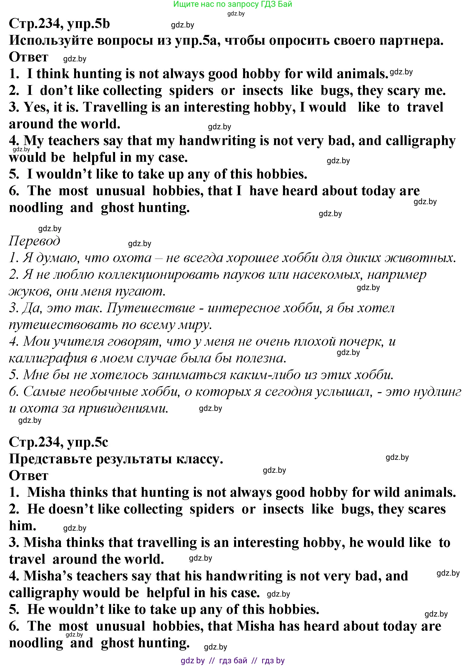 Английский язык (english), 6 класс Учебник, авторы: Юхнель Наталья Валентиновна, Наумова Елена Георгиевна, Малиновская Елена Александровна, издательство Адукацыя i выхаванне, Минск, 2021, страница 234, номер 5, Решение (продолжение 2)