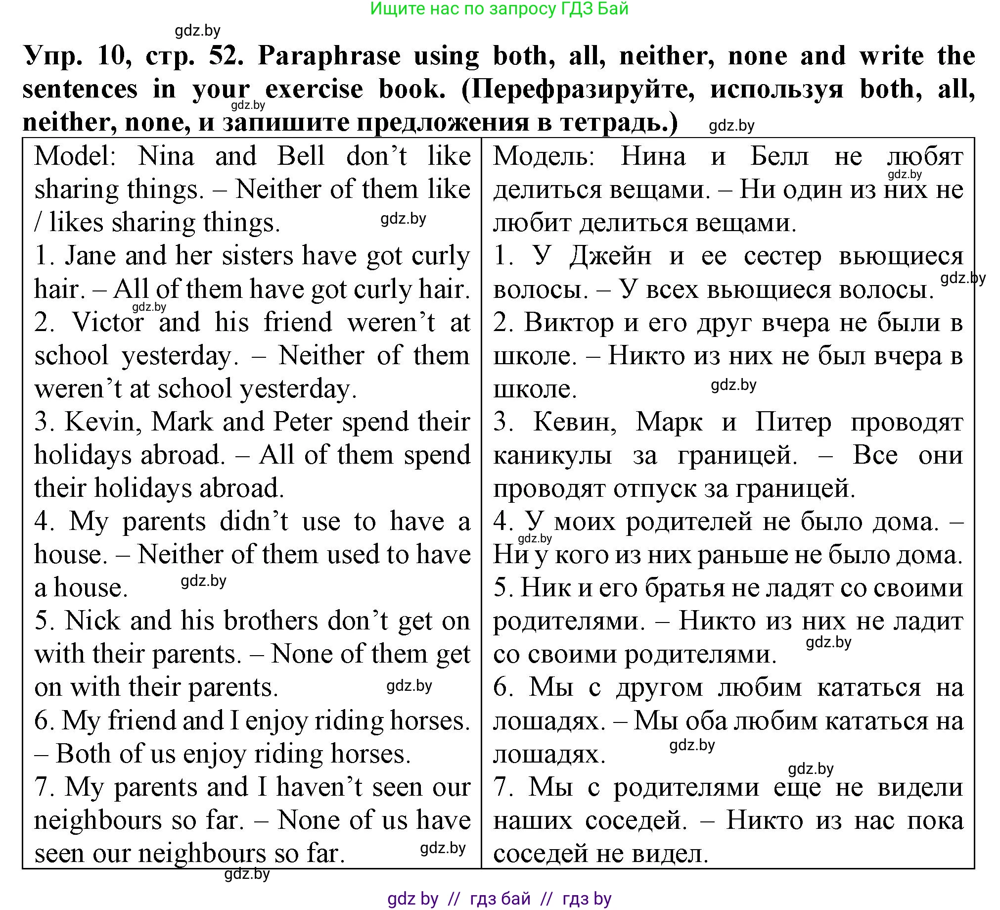 Английский язык (english), 7 класс Тетрадь по грамматике (grammar), авторы: Севрюкова Татьяна Юрьевна, Бушуева Эдите Владиславовна, Юхнель Наталья Валентиновна, издательство Аверсэв, Минск, 2023, страница 52, номер 10, Решение