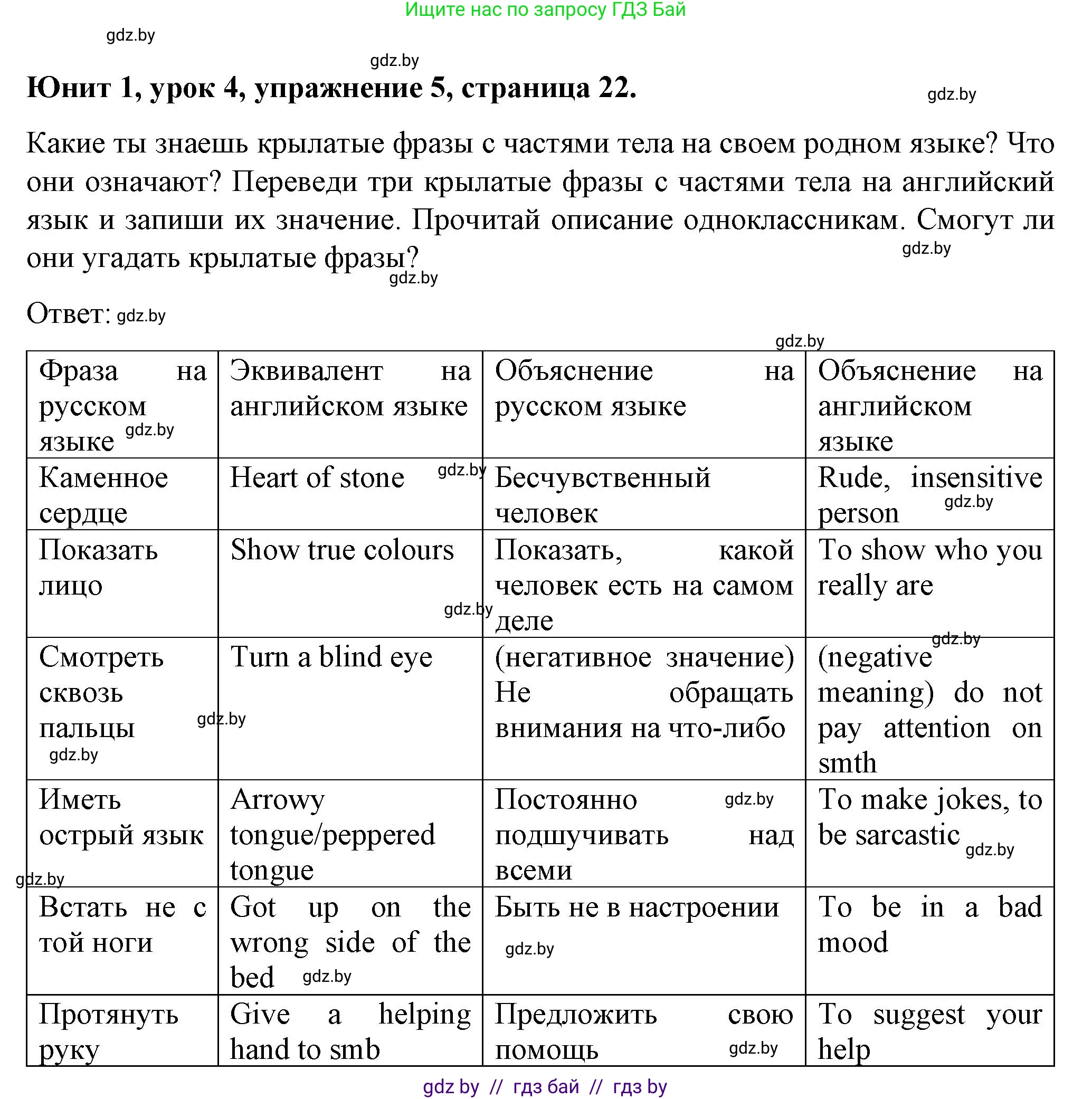 Английский язык (english), 7 класс Учебник (Student's book), авторы: Демченко Наталья Валентиновна, Севрюкова Татьяна Юрьевна, Юхнель Наталья Валентиновна, Наумова Елена Георгиевна, Манешина А В, Маслёнченко Н А, издательство Вышэйшая школа, Минск, 2019, оранжевого цвета, Часть ( Part) 1, страница 22, номер 5, Решение