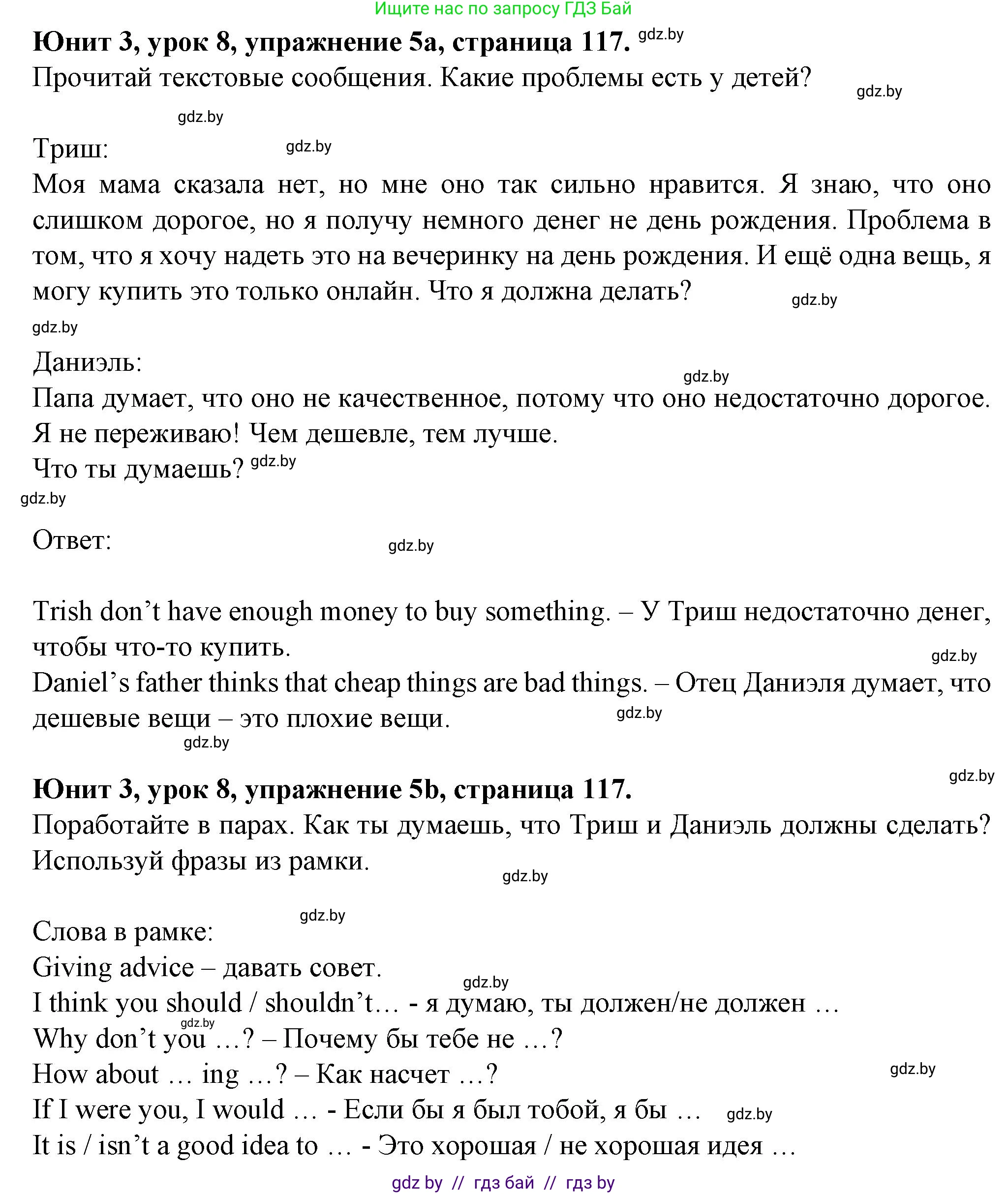 Английский язык (english), 7 класс Учебник (Student's book), авторы: Демченко Наталья Валентиновна, Севрюкова Татьяна Юрьевна, Юхнель Наталья Валентиновна, Наумова Елена Георгиевна, Манешина А В, Маслёнченко Н А, издательство Вышэйшая школа, Минск, 2019, оранжевого цвета, Часть ( Part) 1, страница 117, номер 5, Решение