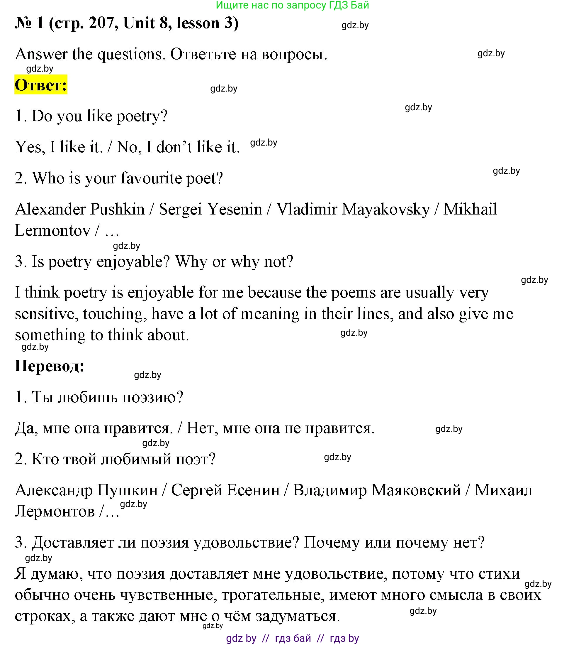 Английский язык (english), 8 класс Учебник, авторы: Лапицкая Людмила Михайловна (Lapitskaya Ludmila), Демченко Наталья Валентиновна, Калишевич Алла Ивановна, Юхнель Наталья Валентиновна, Волков Андрей Валерьевич, Севрюкова Татьяна Юрьевна, издательство Вышэйшая школа, Минск, 2021, бирюзового цвета, страница 207, номер 1, Решение