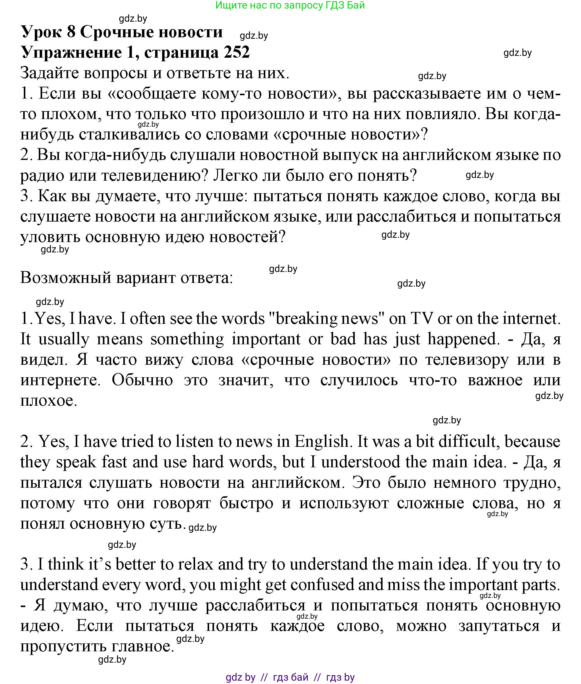 Английский язык (english), 10 класс Учебник (Student's book), авторы: Юхнель Наталья Валентиновна, Наумова Елена Георгиевна, Демченко Наталья Валентиновна, издательство Вышэйшая школа, Минск, 2019, страница 252, номер 1, Решение 2