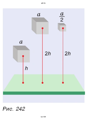 Рис. 242. Сравните потенциальные энергии трех металлических кубиков, изготовленных из одного и того же материала