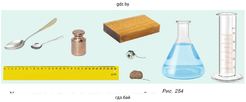 Оборудование: линейка, прямоугольный брусок, мензурка, твердые тела неправильной формы, сосуд с водой, чайная и столовая ложки (рис. 254)