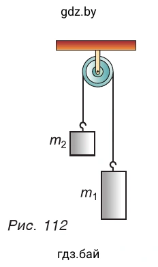 Рис. 112. Две гири массами m_1 = 2,0 кг и m_2 = 1,0 кг подвешены на концах невесомой нерастяжимой нити, перекинутой через невесомый неподвижный блок (рис. 112). Каждая гиря прошла путь s = 0,80 м. Определите ускорения гирь и их скорости в конце пути.