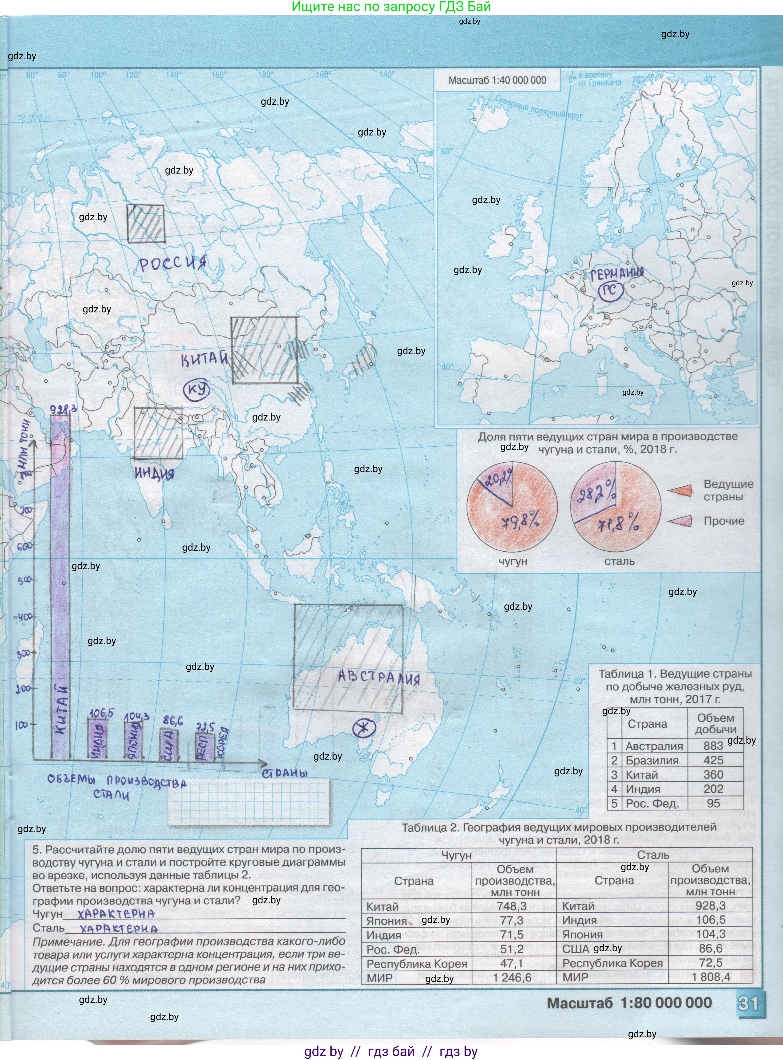 География, 10 класс Контурные карты, авторы: Антипова Екатерина Анатольевна, Гузова Ольга Николаевна, издательство Белкартография, Минск, 2022, голубого цвета, страница 31, Решение