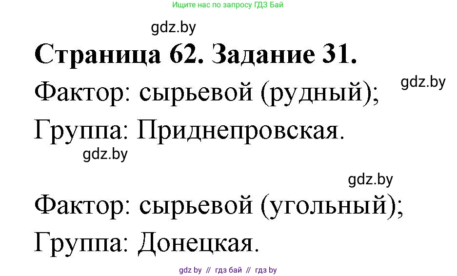 География, 8 класс Тетрадь для практических работ и индивидуальных заданий, авторы: Витченко Александр Николаевич, Антипова Екатерина Анатольевна, Станкевич Наталья Григорьевна, издательство Аверсэв, Минск, 2024, страница 62, номер 31, Решение