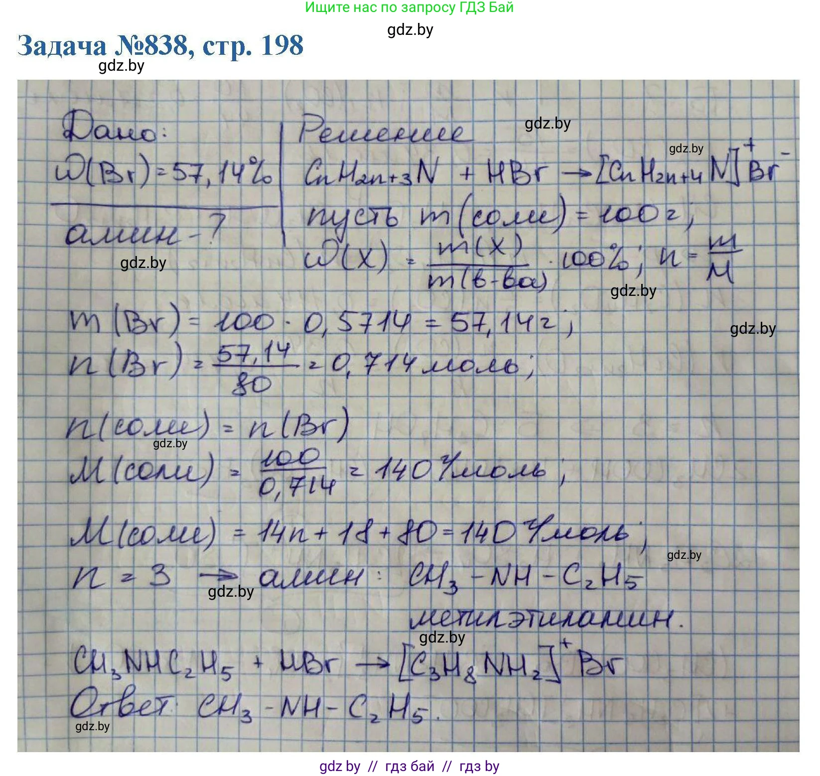 Химия, 10 класс Сборник задач, авторы: Матулис Вадим Эдвардович, Матулис Виталий Эдвардович, Колевич Татьяна Александровна, издательство Национальный институт образования, Минск, 2021, страница 198, номер 838, Решение