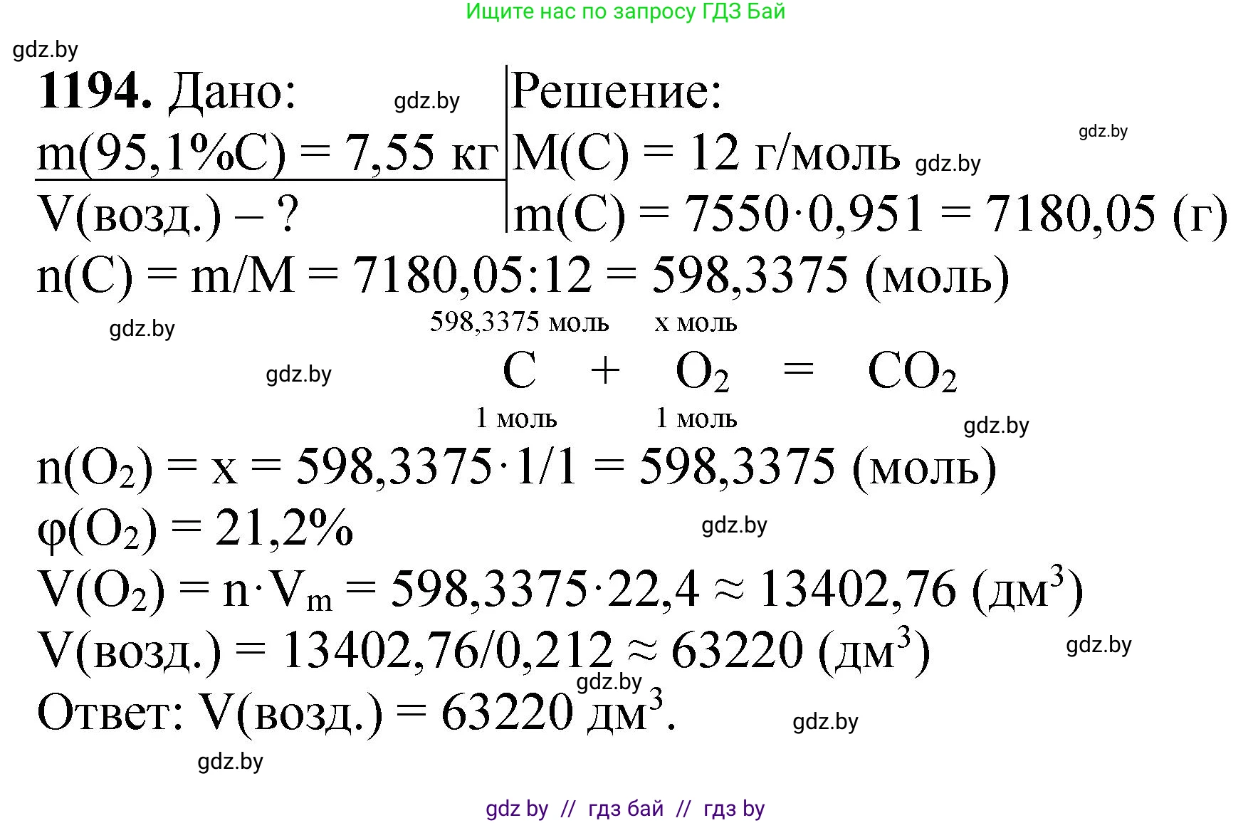 Химия, 11 класс Сборник задач, авторы: Хвалюк Виктор Николаевич, Резяпкин Виктор Ильич, издательство Адукацыя i выхаванне, Минск, 2023, зелёного цвета, страница 185, номер 1194, Решение
