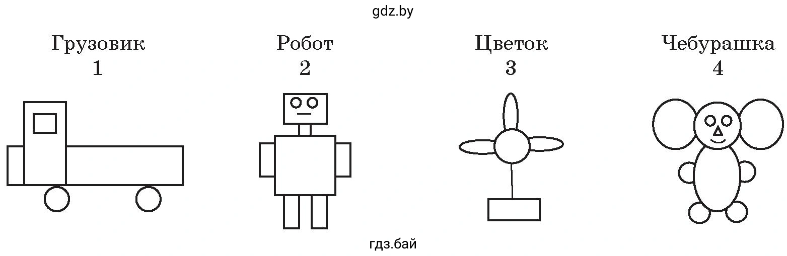 Рисунки для раскраски: грузовик, робот, цветок, чебурашка