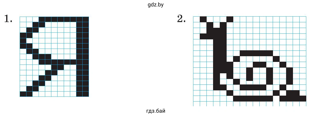На рисунке изобрежена буква Я и улитка, которые закодированы из нулей и единиц для кодирования черно-белых изображений
