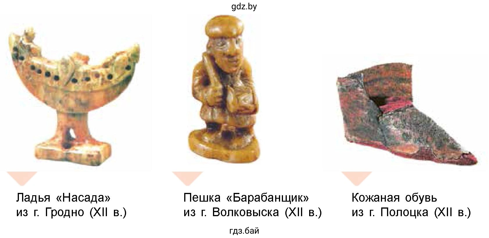 Ладья «Насада» из г. Гродно (ХІІ в.), Пешка «Барабанщик» из г. Волковыска (XII в.), Кожаная обувь из г. Полоцка (XII в.)