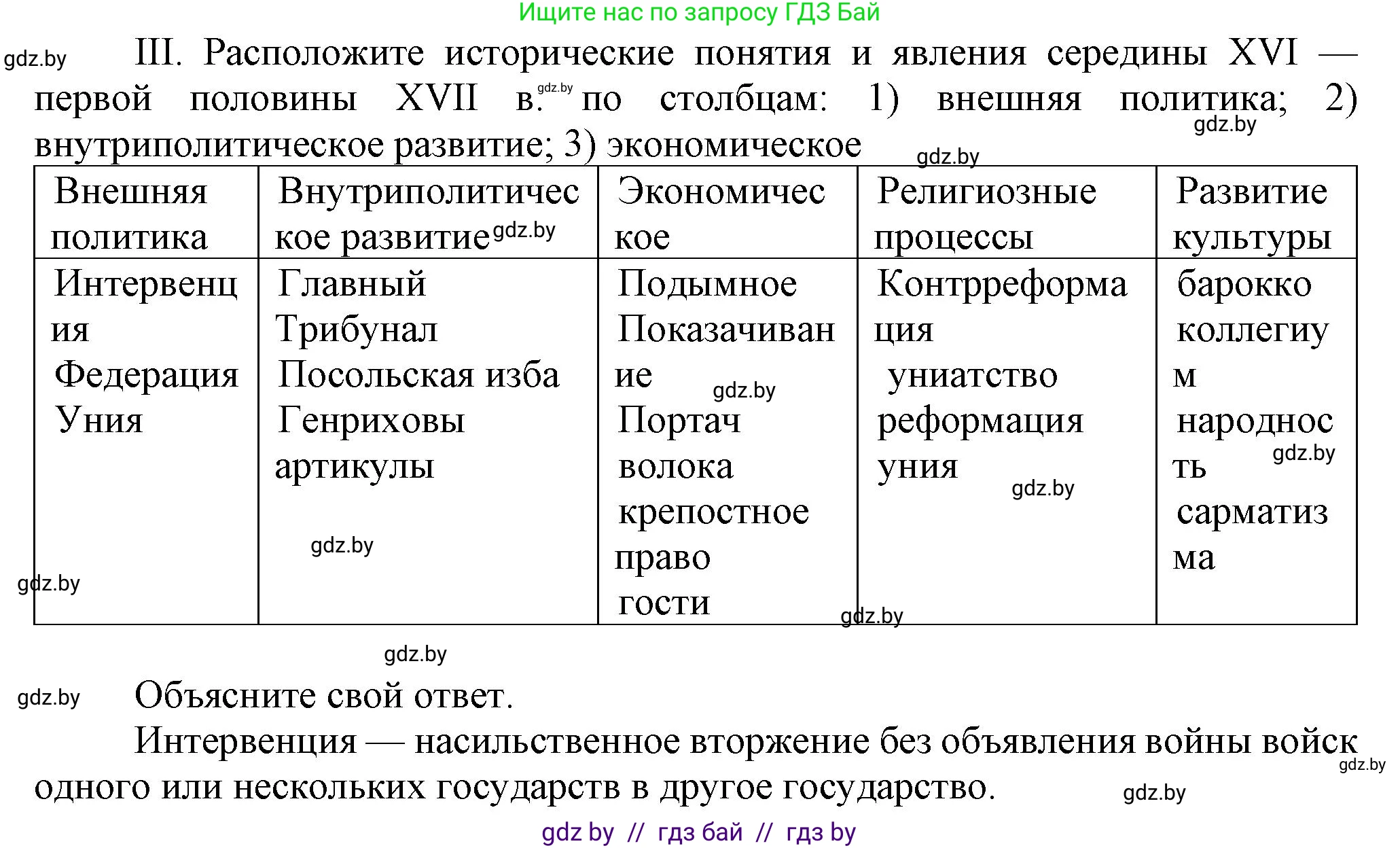 История Беларуси (Гісторыя Беларусі), 7 класс Учебник, авторы: Воронин Василий Алексеевич, Скепьян Анастасия Анатольевна, Мацук Андрей Владимирович, Кравченко Ольга Викторовна, издательство Издательский центр БГУ, Минск, 2017, страница 113, номер III, Решение