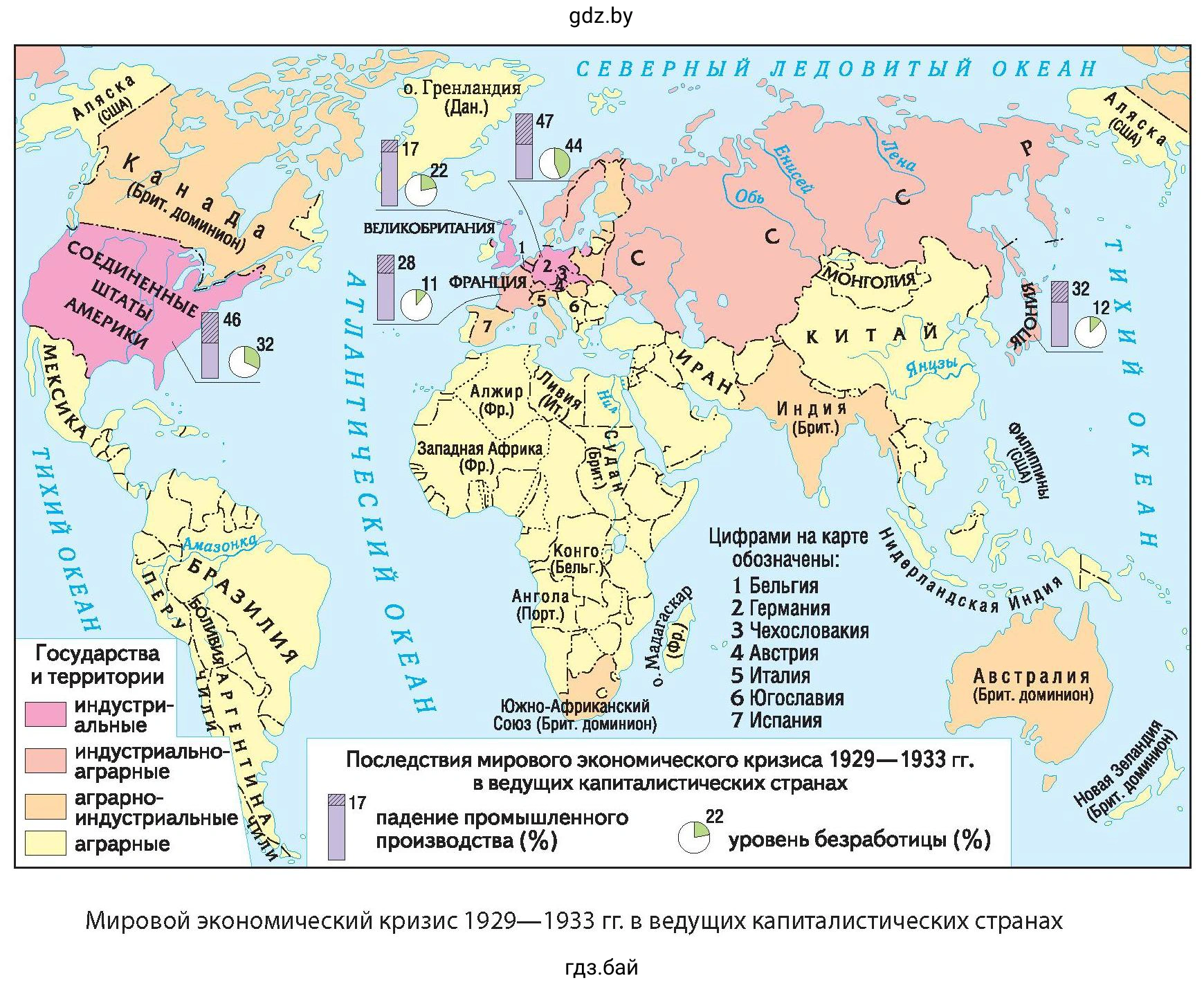Карта. Мировой экономический кризис 1929—1933 гг. в ведущих капиталистических странах
