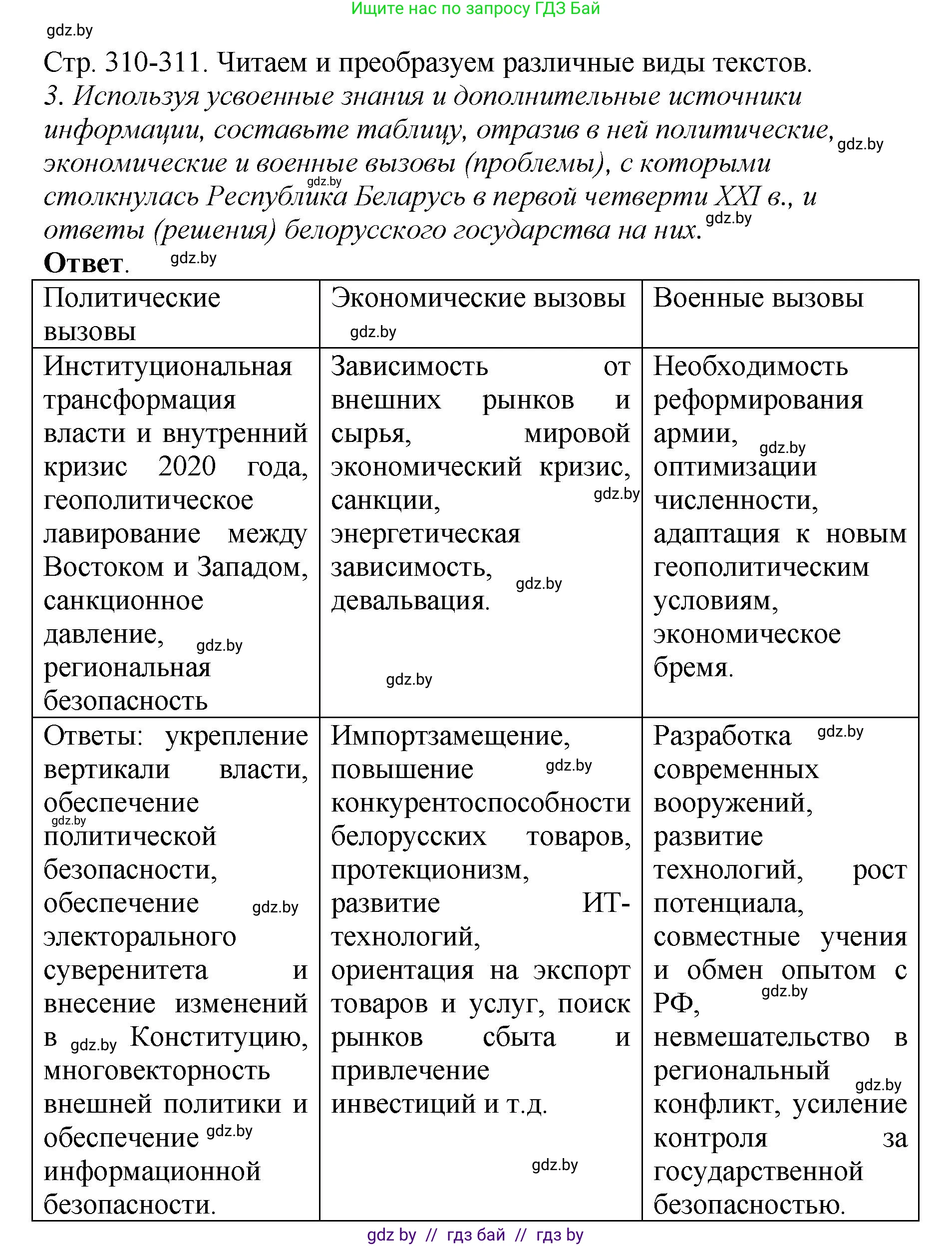 История Беларуси (Гісторыя Беларусі), 11 класс Учебник, авторы: Кохановский Александр Генадьевич, Кошелев Владимир Сергеевич, Темушев Степан Николаевич, Мох Е Н, Мезга Н Н, Корсак А И, Маскевич А И, Ходин С Н, издательство Издательский центр БГУ, Минск, 2025, зелёного цвета, Часть 2, страница 310, номер 3, Решение
