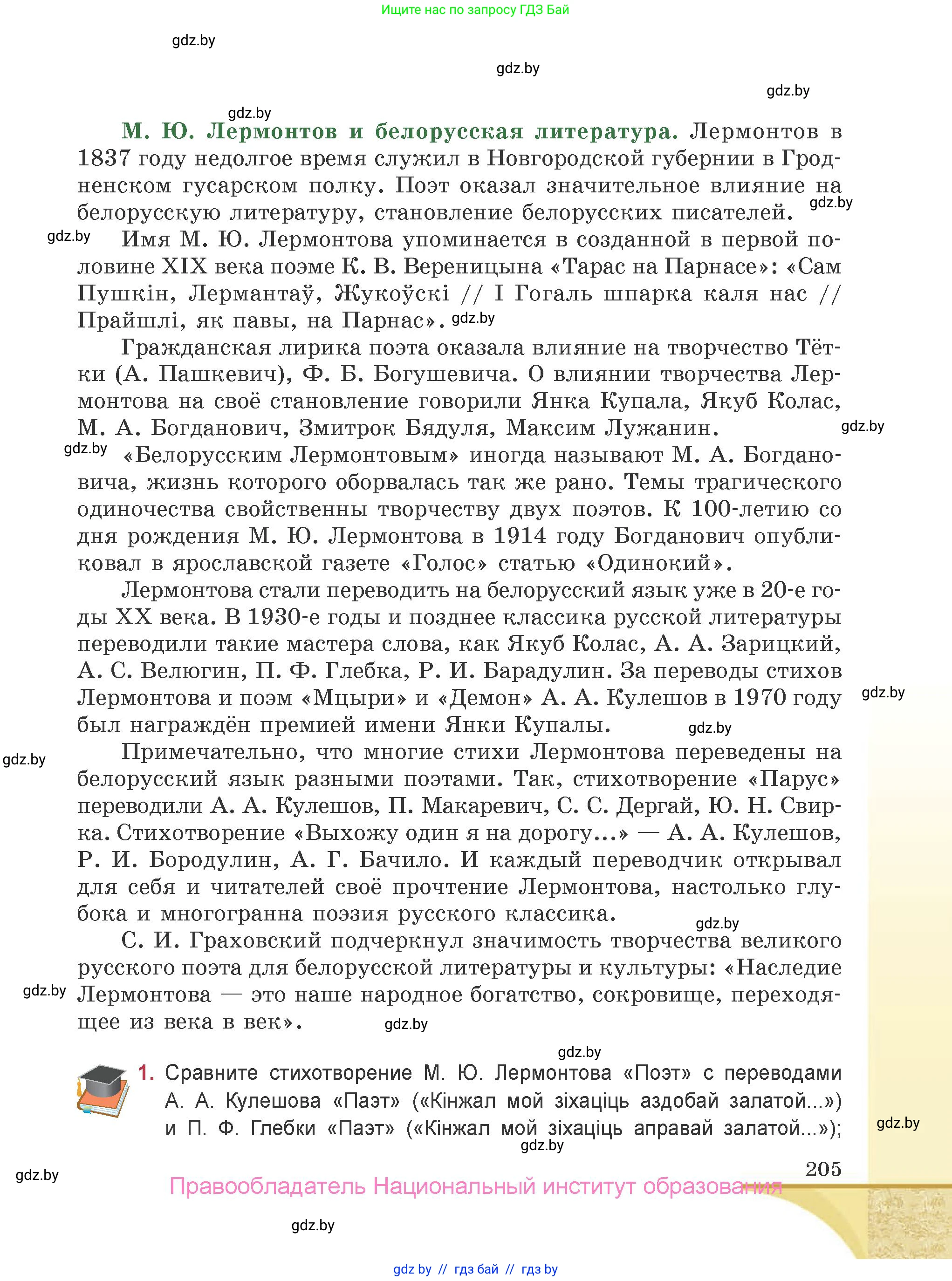 Русская литература, 9 класс Учебник, авторы: Захарова Светлана Николаевна, Черкес Наталья Ивановна, издательство Национальный институт образования, Минск, 2019, бежевого цвета, страница 205