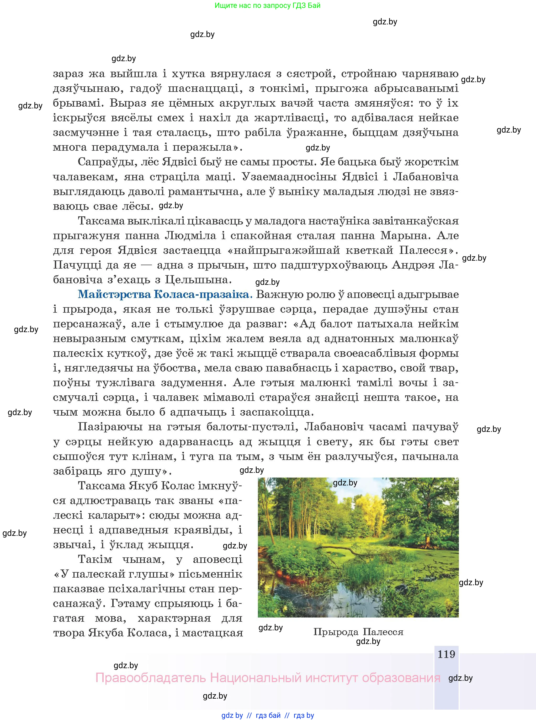 Белорусская литература (Беларуская літаратура), 10 класс Учебник, авторы: Бязлепкіна-Чарнякевіч Аксана Пятроўна, Акушэвіч Андрэй Аляксандравіч, Воюш Інга Дзмітрыеўна, Еўмянькоў В І, Заяц Н В, Караткевіч В І, Кузьміч Н В, Скакоўская А У, Часнок І Ч, издательство Нацыянальны інстытут адукацыі, Минск, 2020, зелёного цвета, страница 119