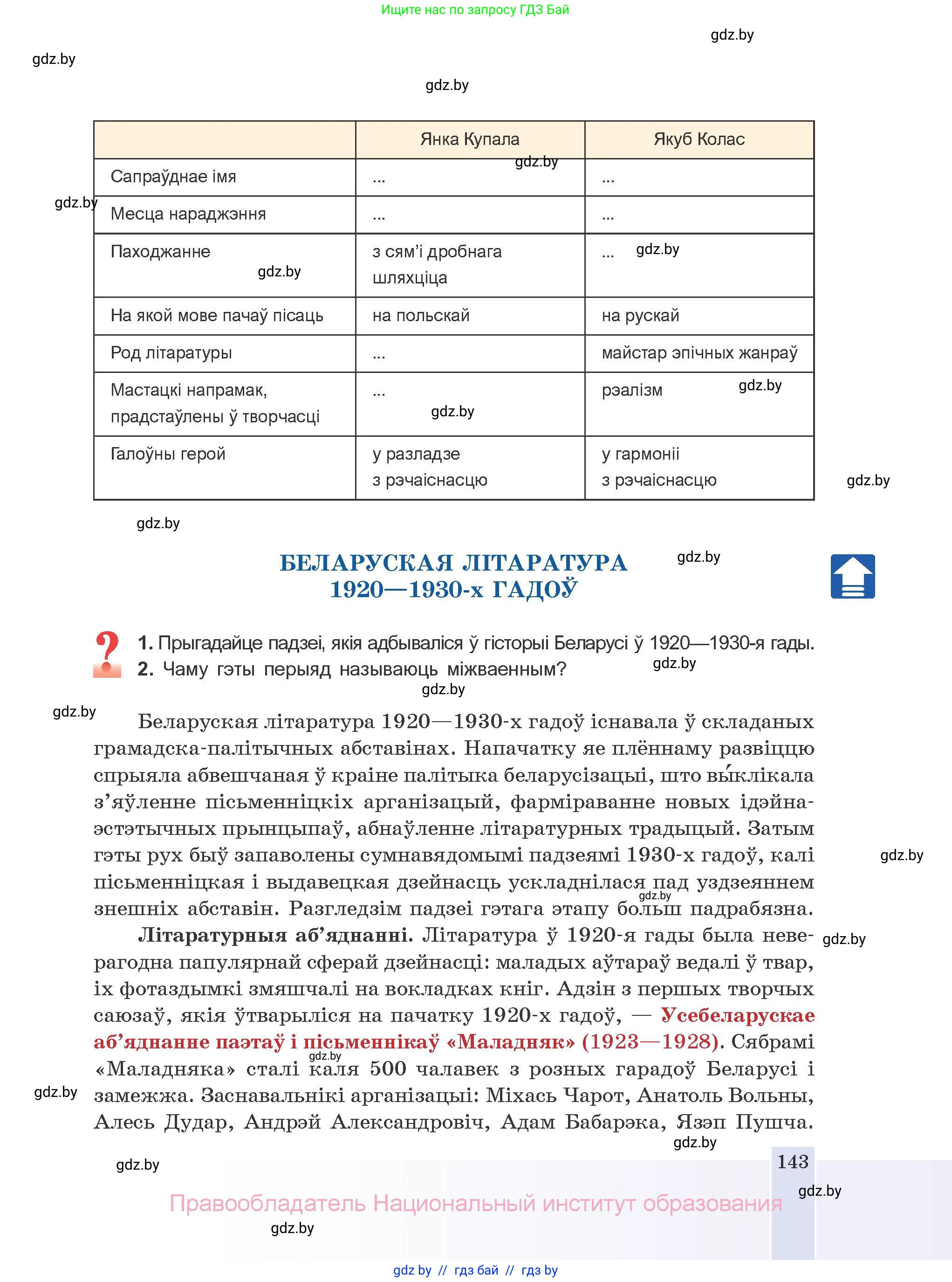 Белорусская литература (Беларуская літаратура), 10 класс Учебник, авторы: Бязлепкіна-Чарнякевіч Аксана Пятроўна, Акушэвіч Андрэй Аляксандравіч, Воюш Інга Дзмітрыеўна, Еўмянькоў В І, Заяц Н В, Караткевіч В І, Кузьміч Н В, Скакоўская А У, Часнок І Ч, издательство Нацыянальны інстытут адукацыі, Минск, 2020, зелёного цвета, страница 143