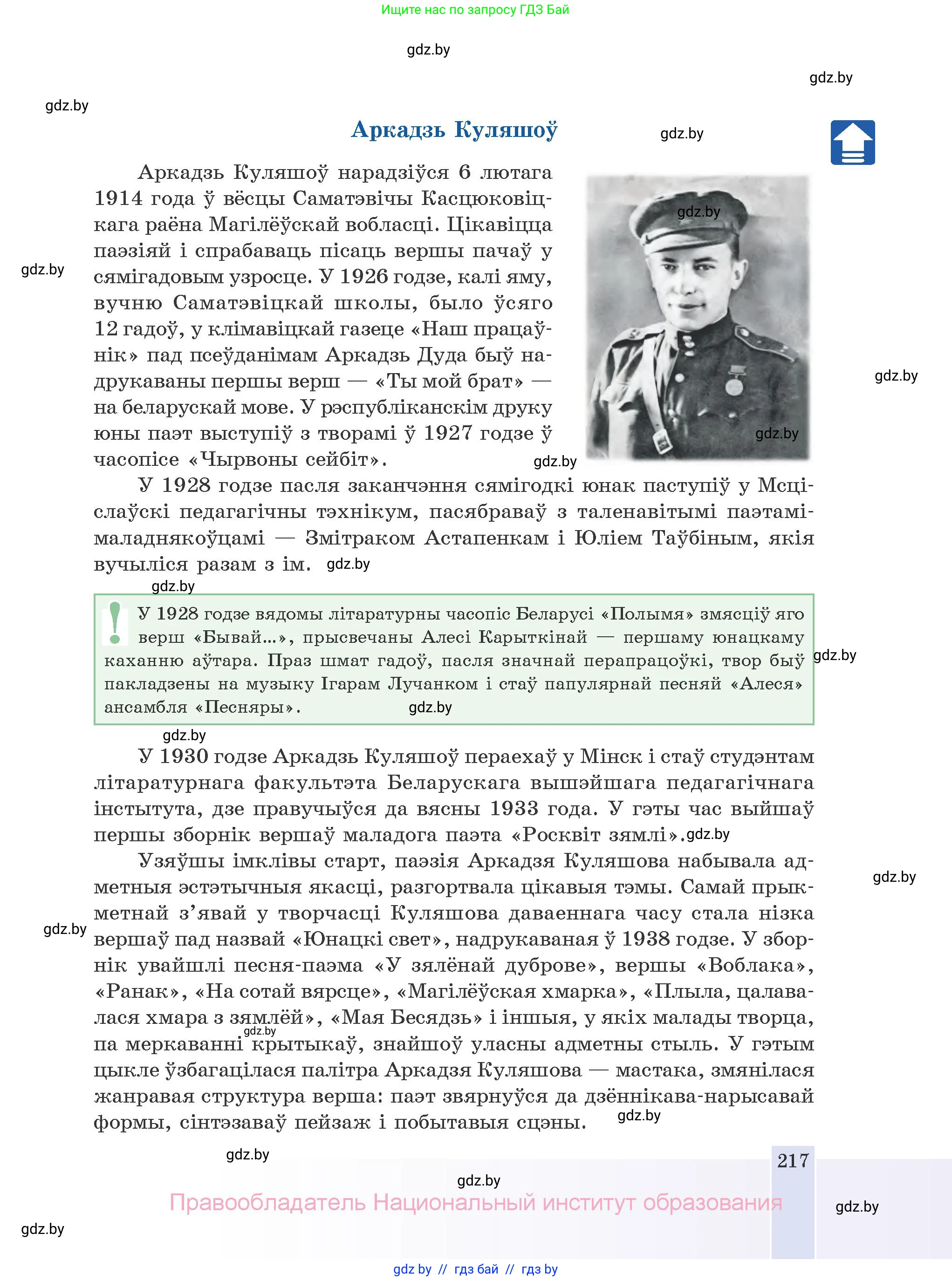 Белорусская литература (Беларуская літаратура), 10 класс Учебник, авторы: Бязлепкіна-Чарнякевіч Аксана Пятроўна, Акушэвіч Андрэй Аляксандравіч, Воюш Інга Дзмітрыеўна, Еўмянькоў В І, Заяц Н В, Караткевіч В І, Кузьміч Н В, Скакоўская А У, Часнок І Ч, издательство Нацыянальны інстытут адукацыі, Минск, 2020, зелёного цвета, страница 217