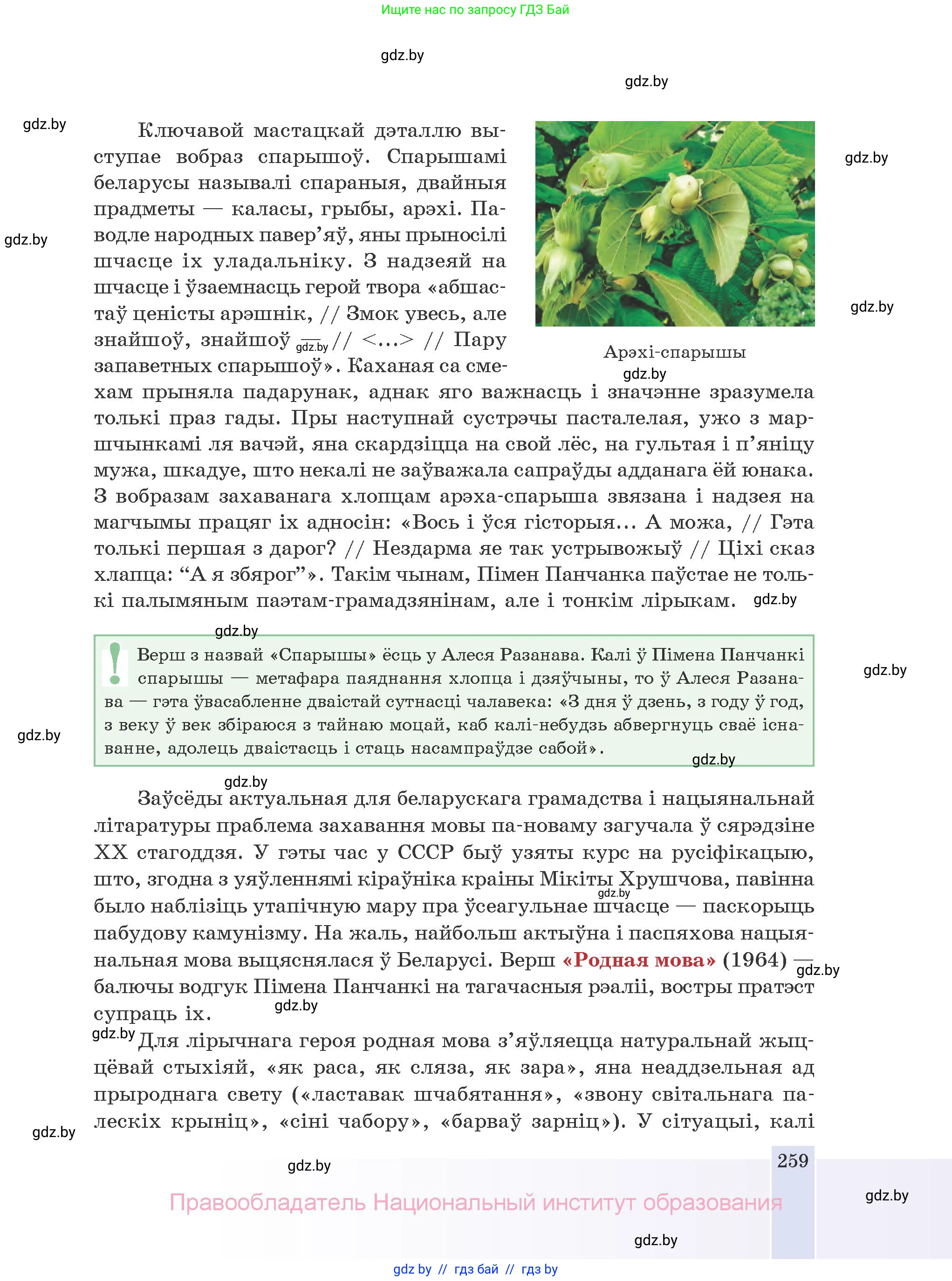 Белорусская литература (Беларуская літаратура), 10 класс Учебник, авторы: Бязлепкіна-Чарнякевіч Аксана Пятроўна, Акушэвіч Андрэй Аляксандравіч, Воюш Інга Дзмітрыеўна, Еўмянькоў В І, Заяц Н В, Караткевіч В І, Кузьміч Н В, Скакоўская А У, Часнок І Ч, издательство Нацыянальны інстытут адукацыі, Минск, 2020, зелёного цвета, страница 259
