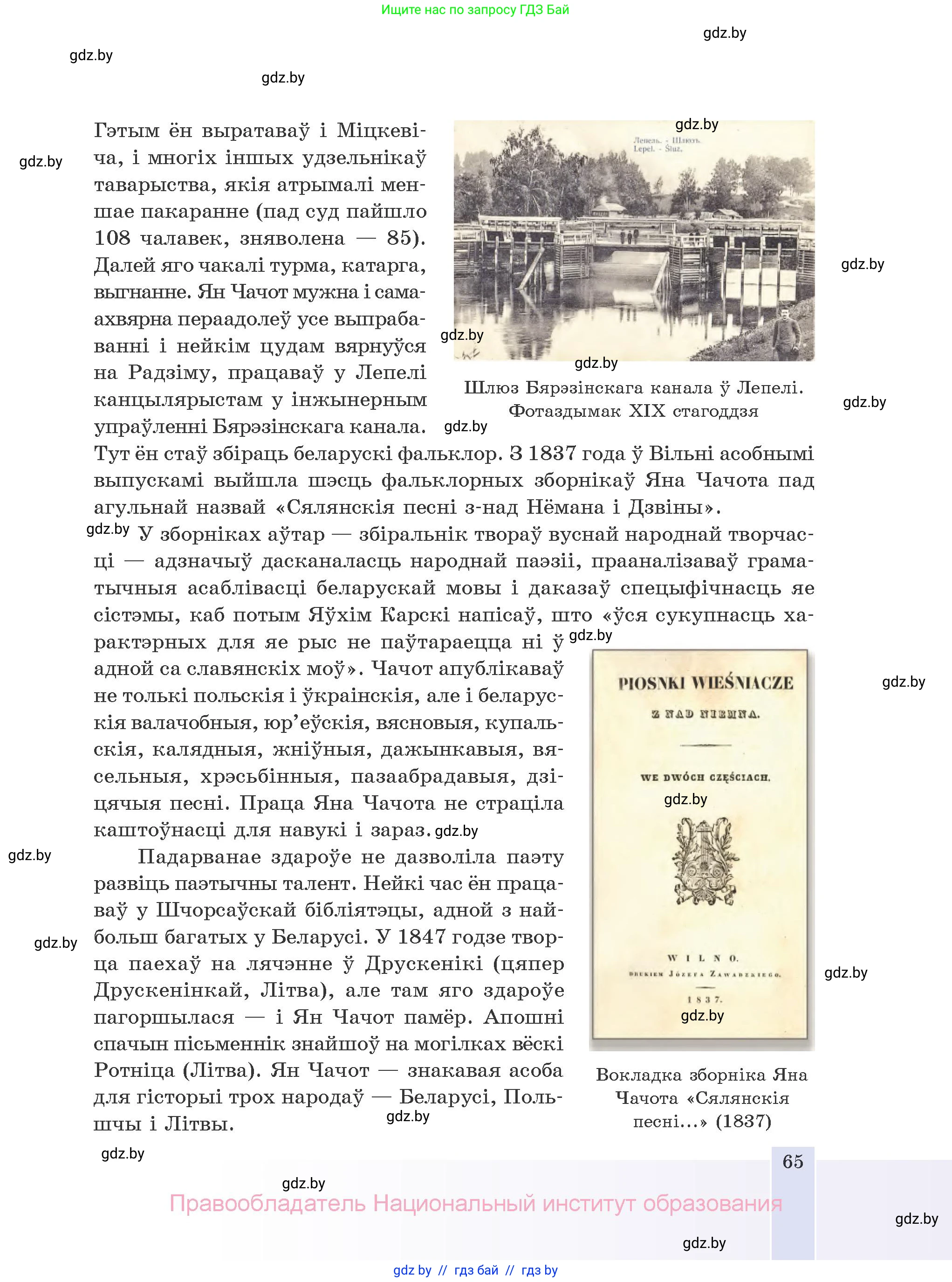 Белорусская литература (Беларуская літаратура), 10 класс Учебник, авторы: Бязлепкіна-Чарнякевіч Аксана Пятроўна, Акушэвіч Андрэй Аляксандравіч, Воюш Інга Дзмітрыеўна, Еўмянькоў В І, Заяц Н В, Караткевіч В І, Кузьміч Н В, Скакоўская А У, Часнок І Ч, издательство Нацыянальны інстытут адукацыі, Минск, 2020, зелёного цвета, страница 65